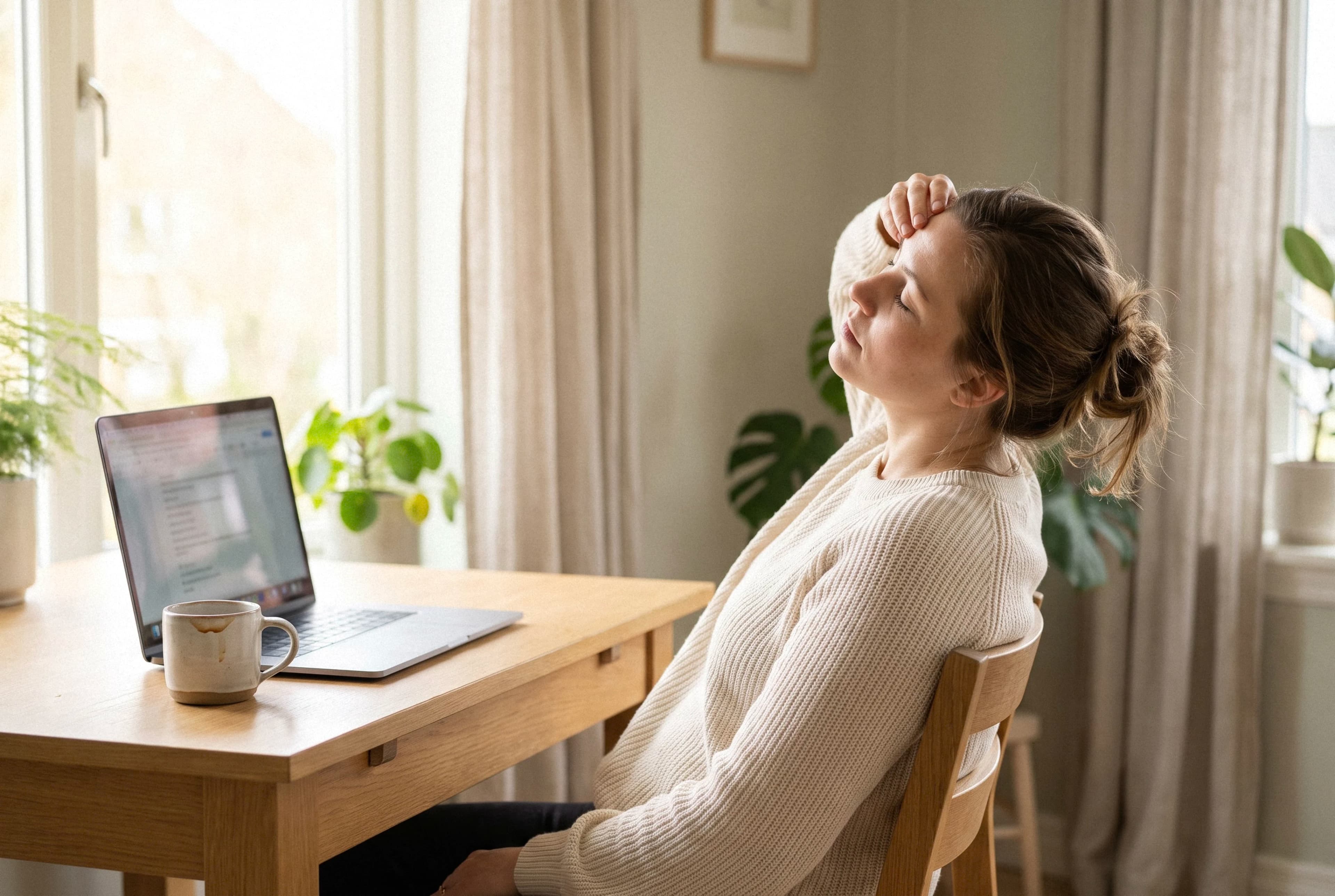 Tired woman sitting at the desk in the afternoon beside an empty coffee cup