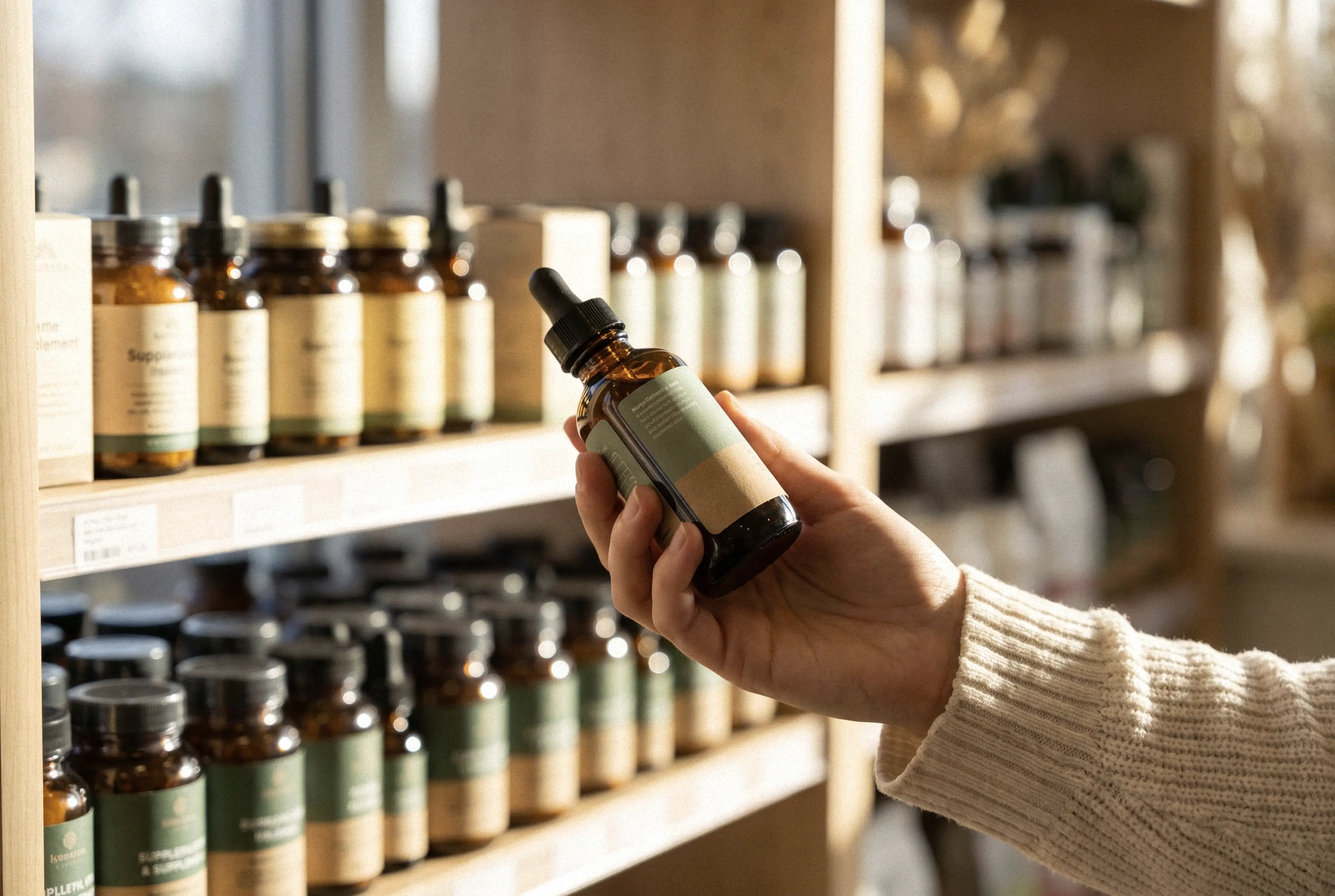 Shopper comparing organic mushroom tincture bottles on a store shelf