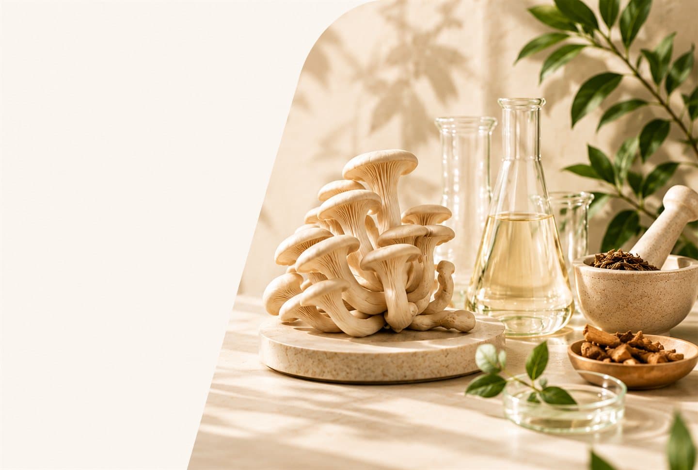Oyster mushrooms beside lab flasks and fresh herbs