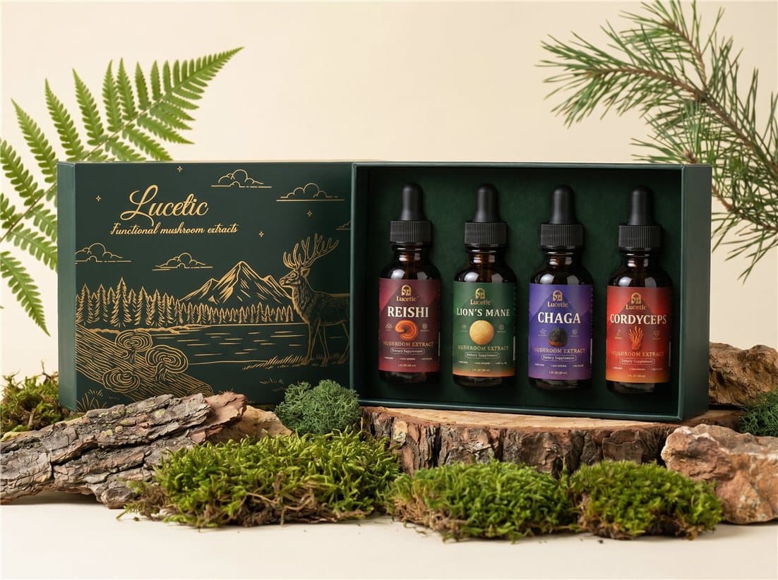Lucetic combo box with Reishi, Lion's Mane, Chaga and Cordyceps extract bottles
