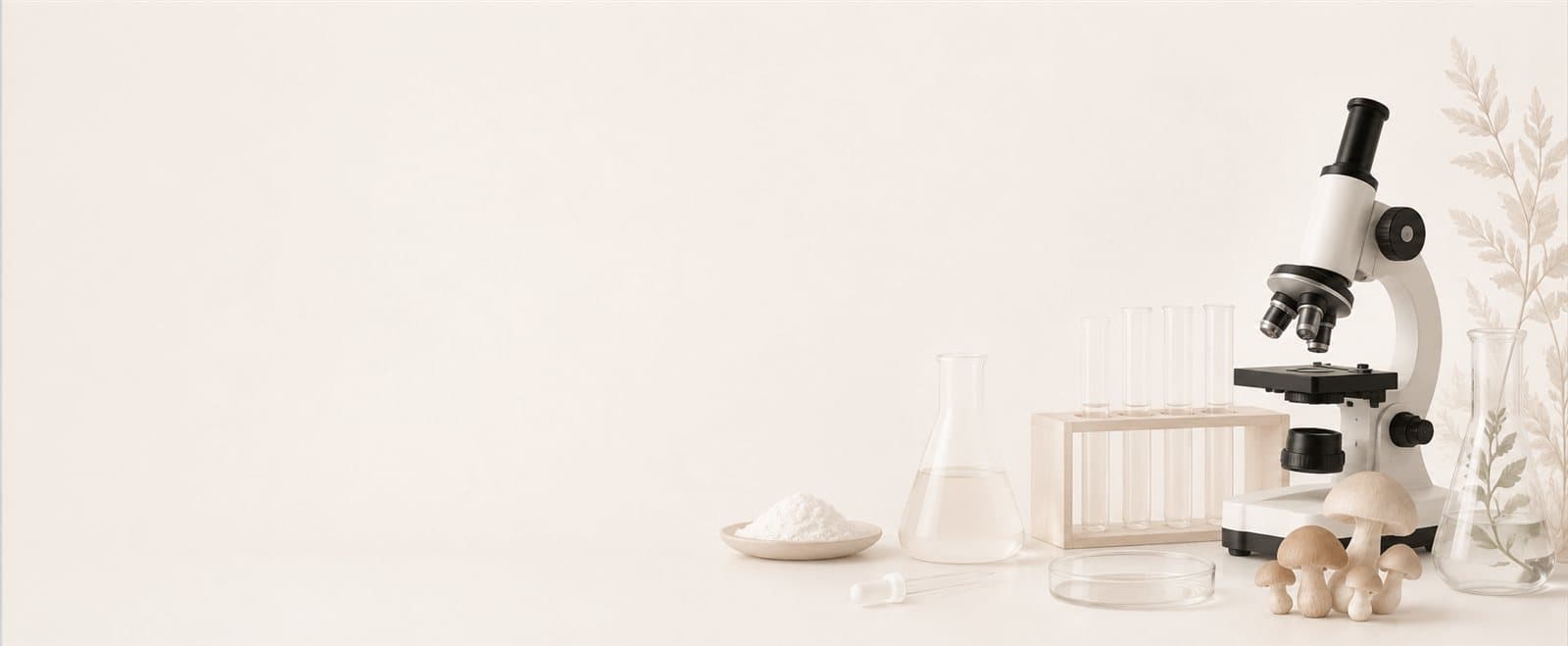 Microscope, glass flasks and mushrooms on a laboratory bench