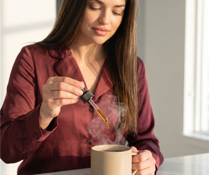 Woman adding tincture drops to a warm beverage