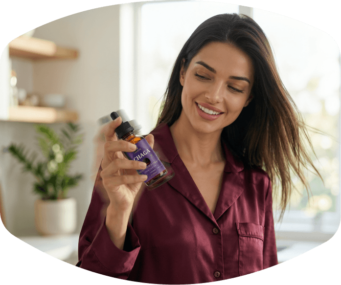 Woman smiling while shaking a Lucetic tincture bottle