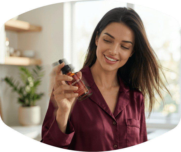 Woman smiling while shaking a Lucetic tincture bottle