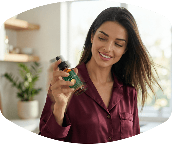 Woman smiling while shaking a Lucetic tincture bottle
