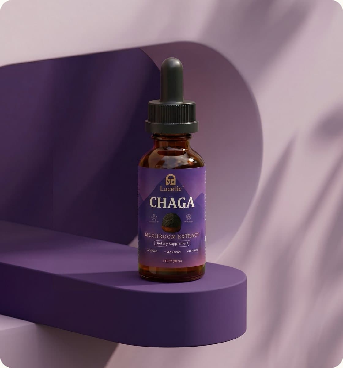 Lucetic Chaga extract bottle on a violet shelf