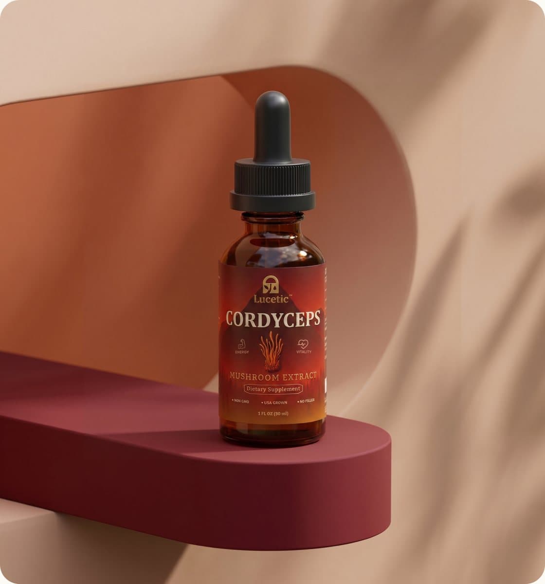 Lucetic Cordyceps extract bottle on a terracotta shelf
