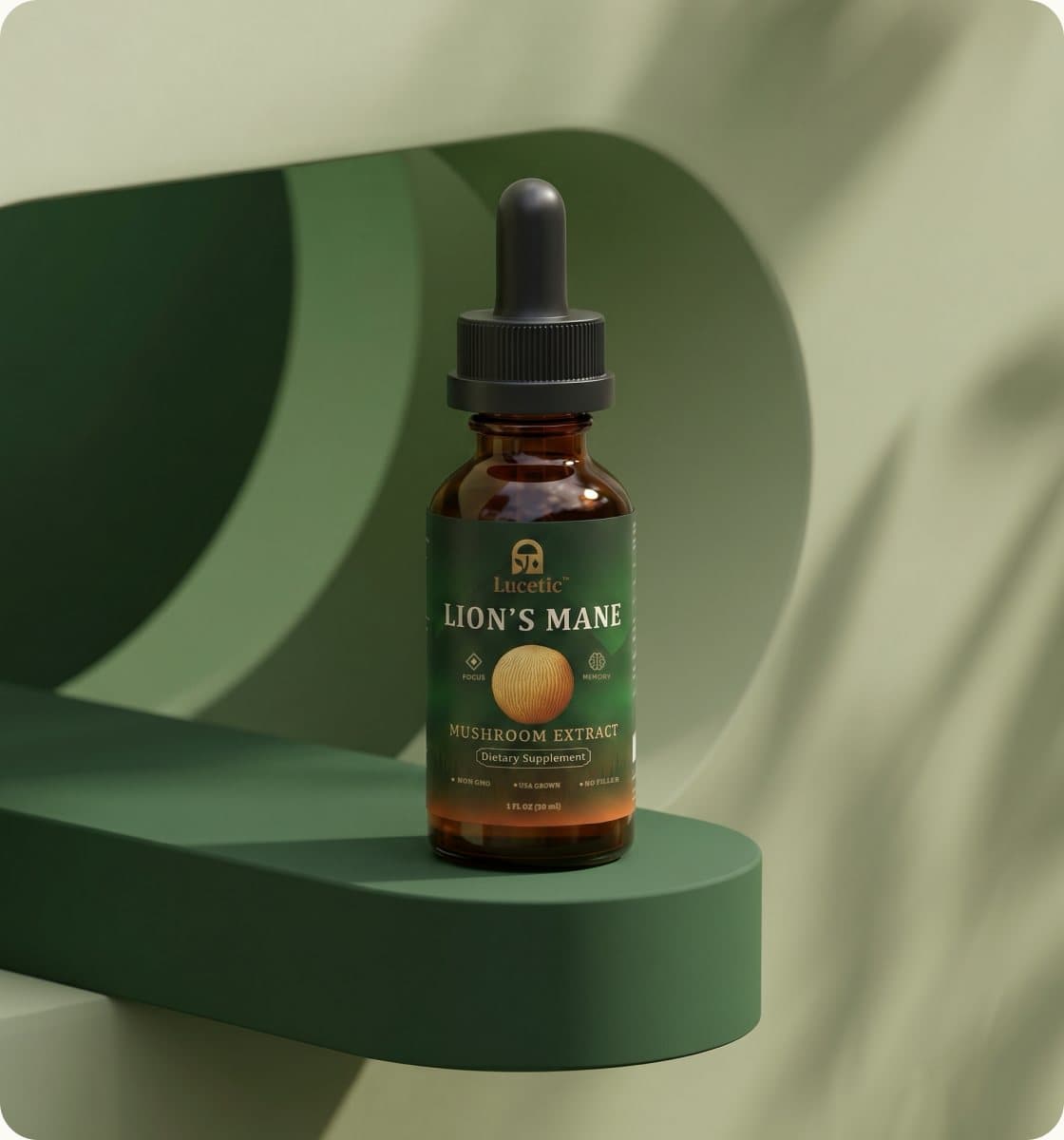 Lucetic Lion's Mane extract bottle on a sage-green shelf