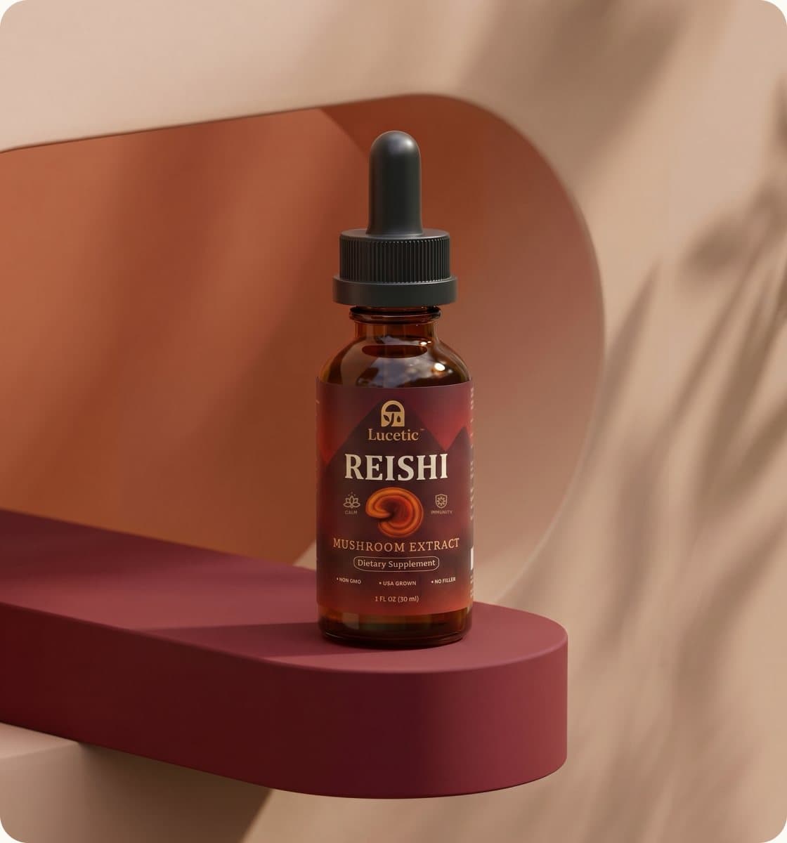 Lucetic Reishi extract bottle on a burgundy shelf