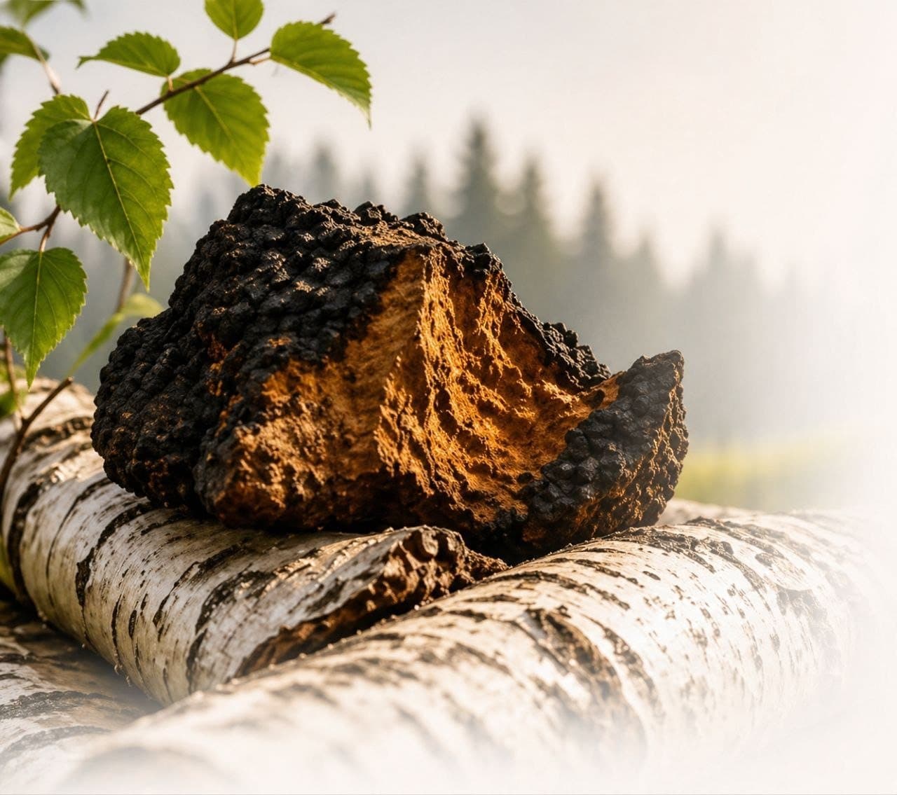 Dark Chaga fungus resting on birch logs in a northern forest