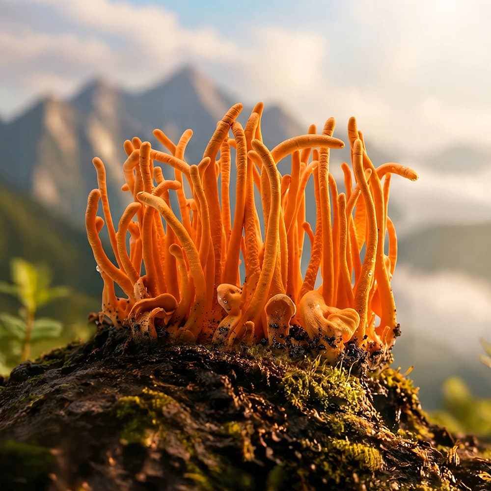 Bright orange Cordyceps mushrooms on a mossy rock against high mountain peaks