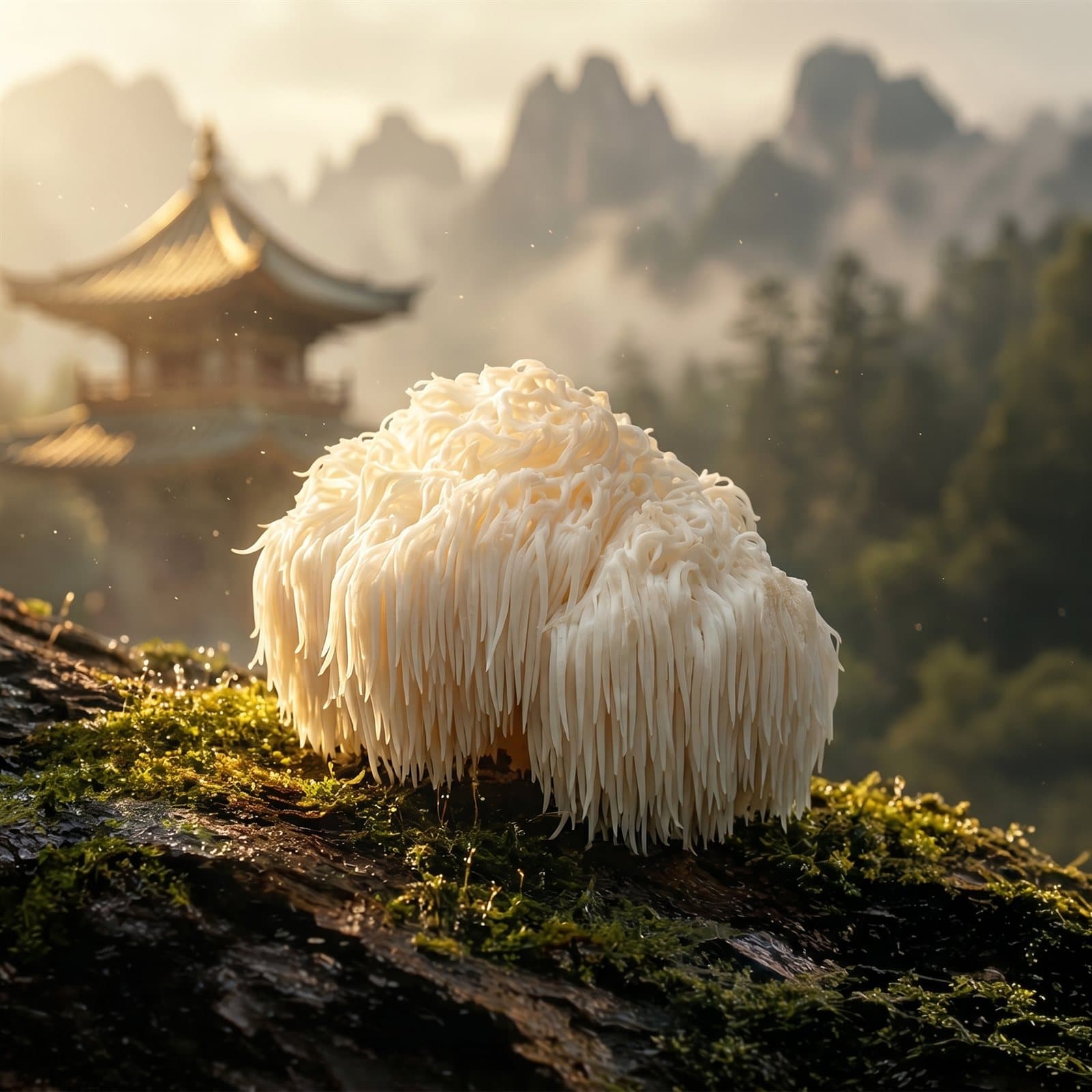Lion’s Mane mushroom growing on mossy wood in front of a misty mountain temple