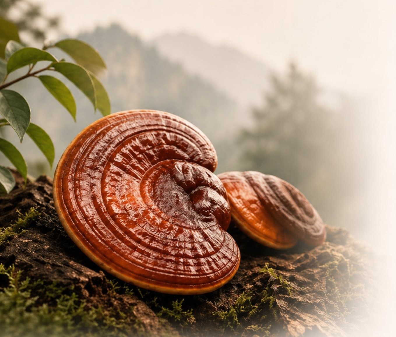 Glossy red Reishi mushrooms growing on a mossy log in a misted mountain forest