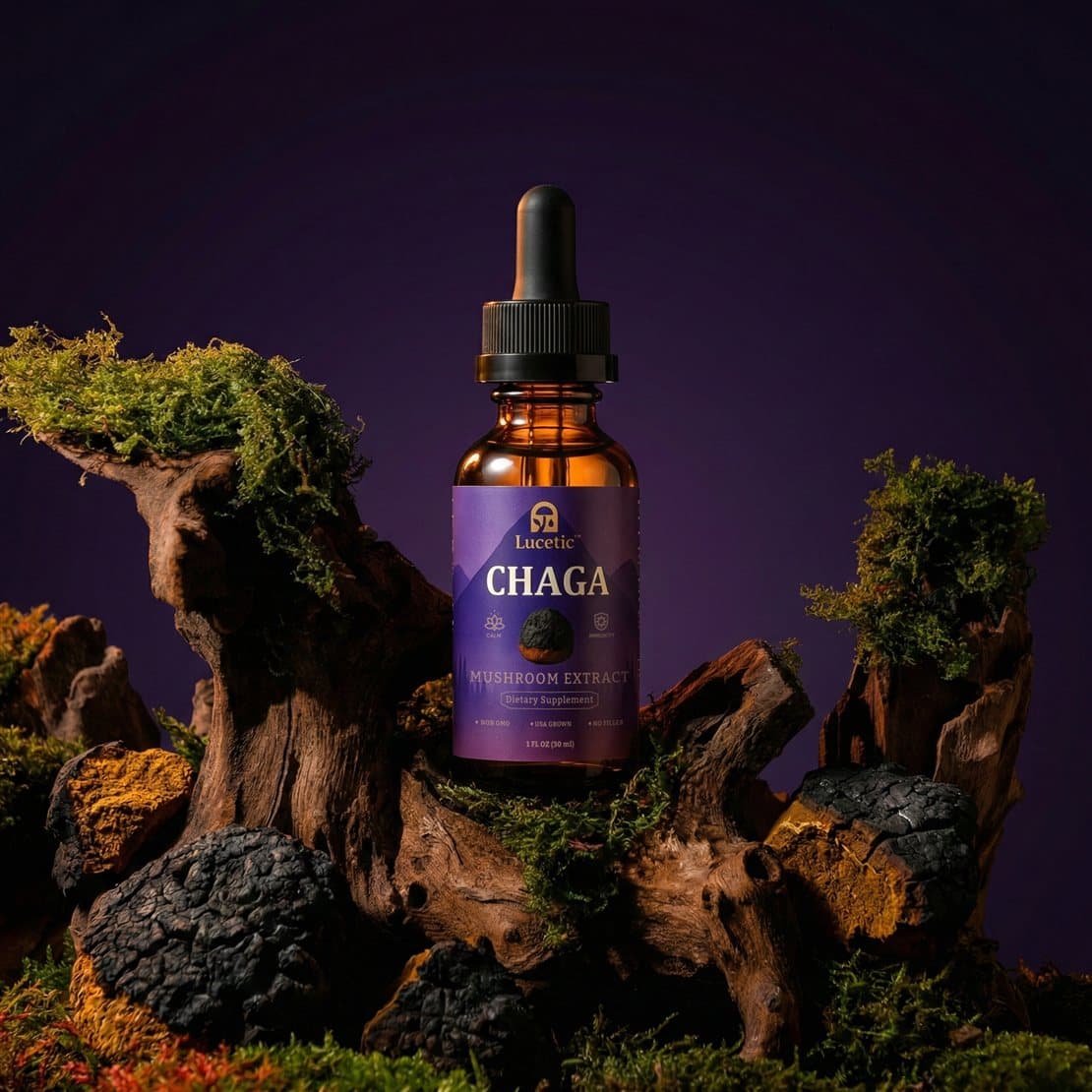 Lucetic Chaga extract bottle with chaga chunks and moss