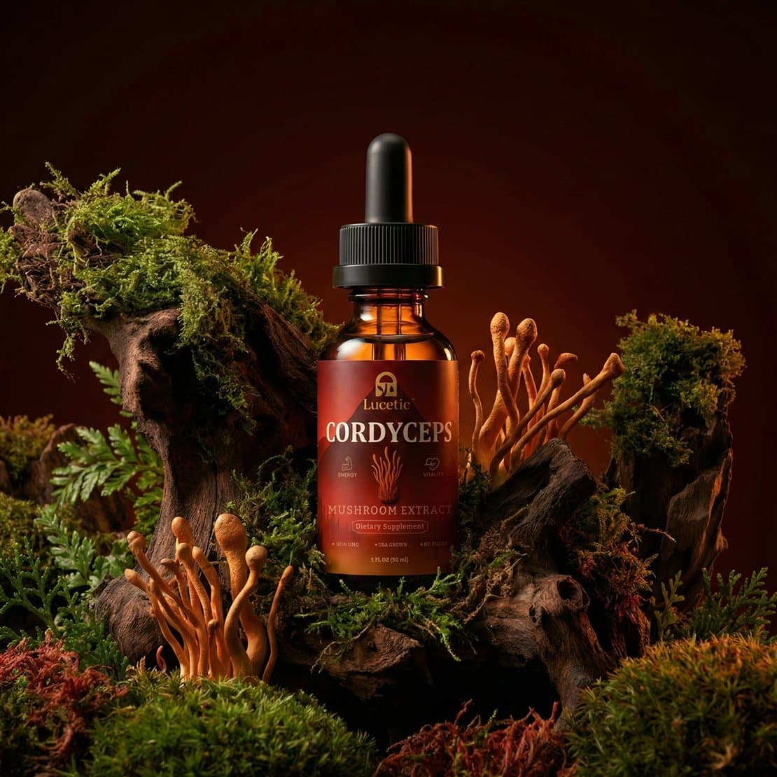 Lucetic Cordyceps extract bottle among wild cordyceps mushrooms and moss