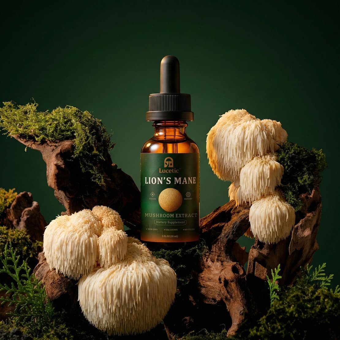 Lucetic Lion’s Mane extract bottle surrounded by lion’s mane mushrooms and moss