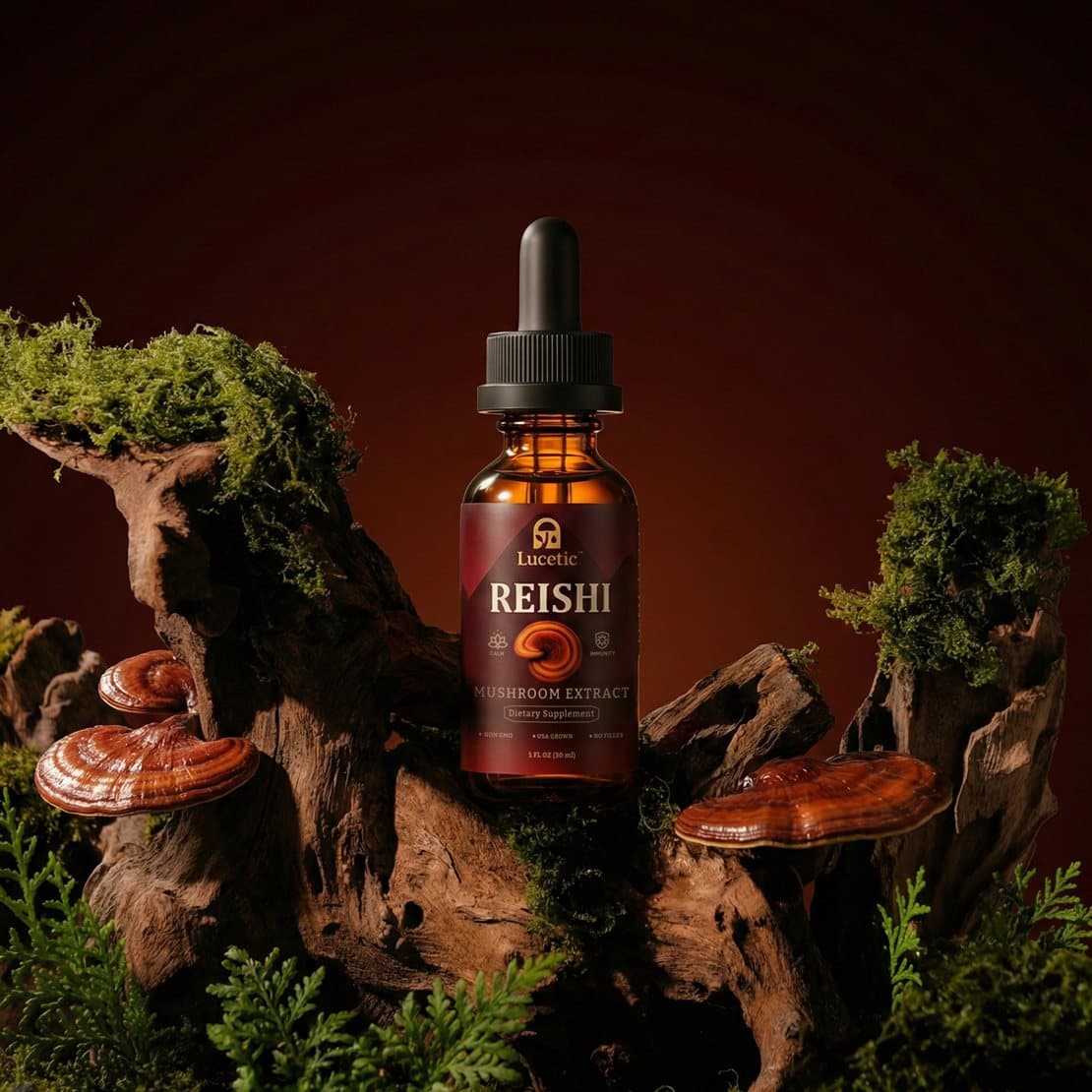 Lucetic Reishi extract bottle with reishi mushrooms on driftwood