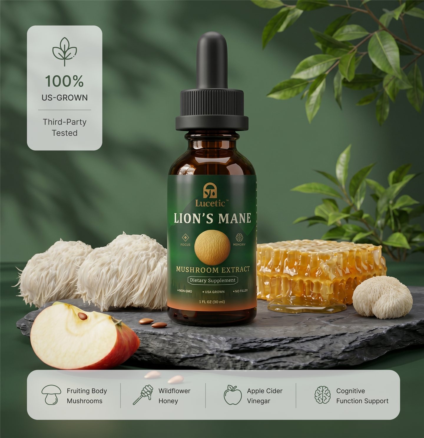Lucetic Lion’s Mane extract bottle with fresh lion’s mane mushrooms and honeycomb