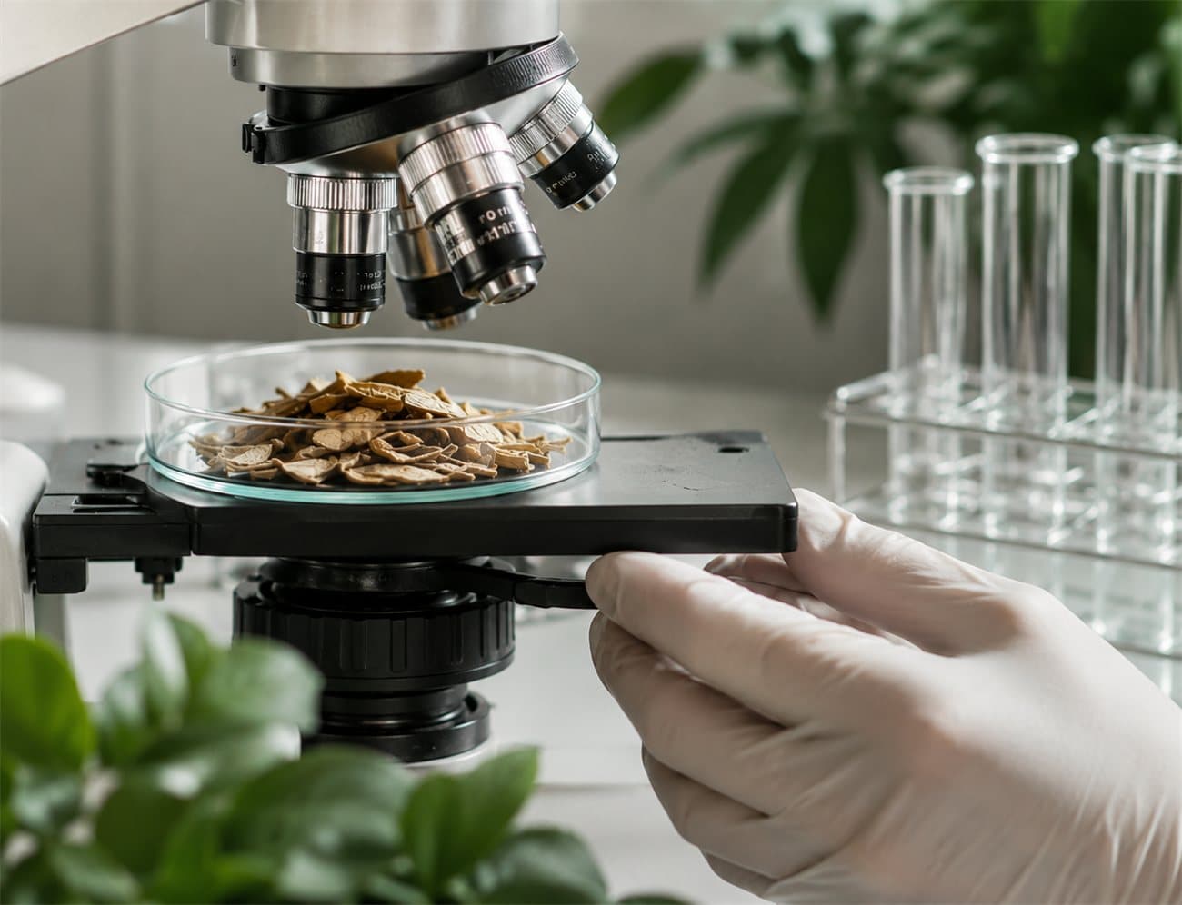 A researcher weighing dried functional-mushroom slices under a laboratory microscope