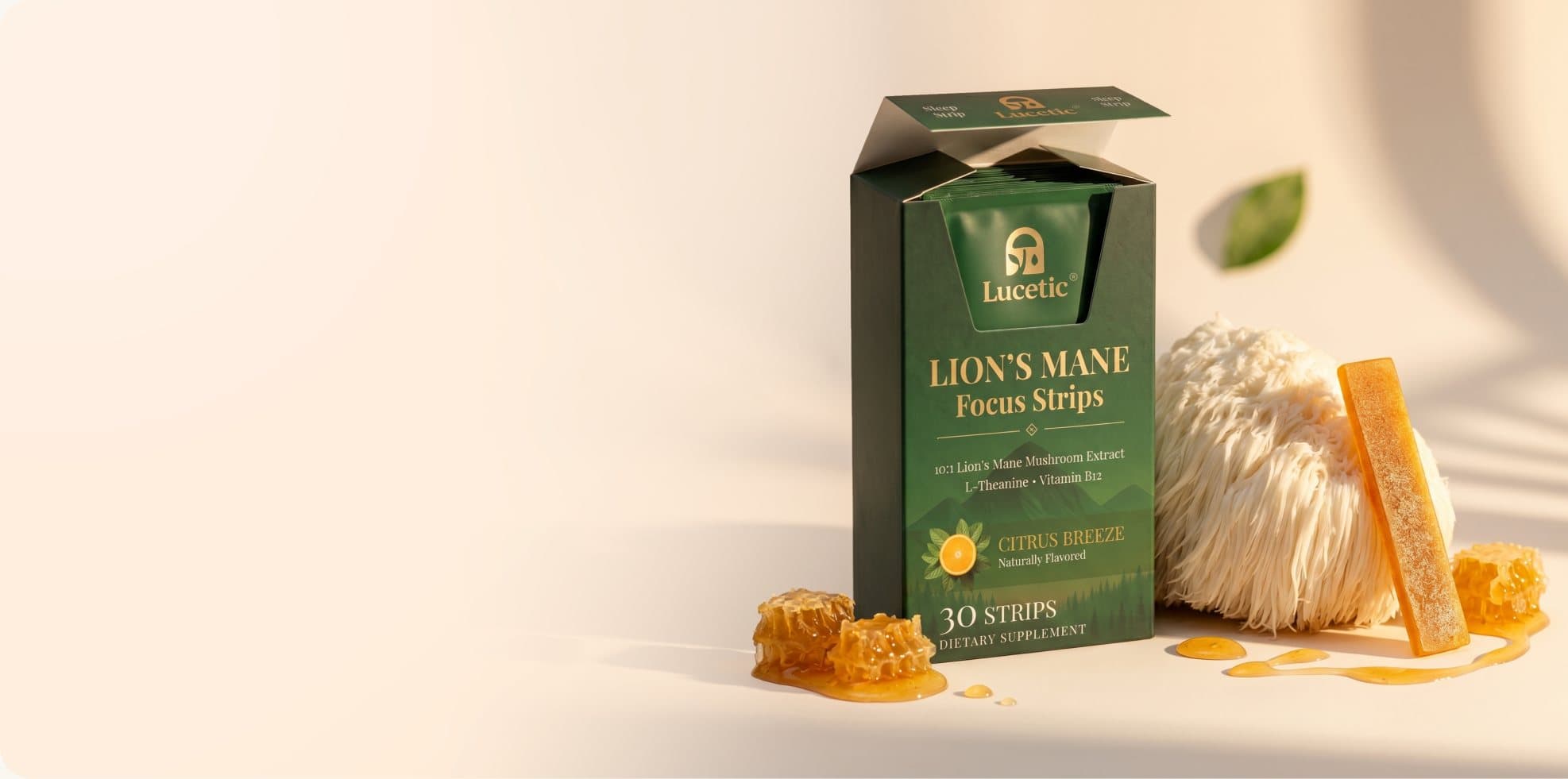Lucetic Lion's Mane Focus Strips box with lion's mane mushroom and honeycomb