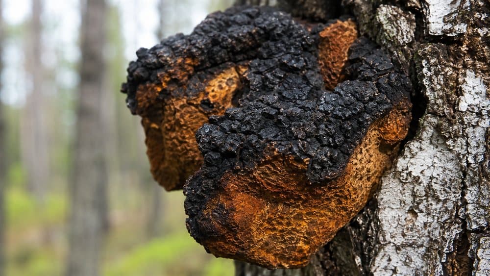 Dark charcoal-like Chaga conk growing on the bark of a birch tree