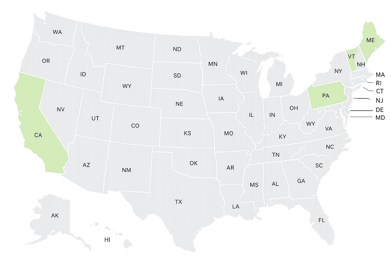 Map of the United States highlighting Lucetic sourcing regions in California, Pennsylvania, Vermont, and Maine