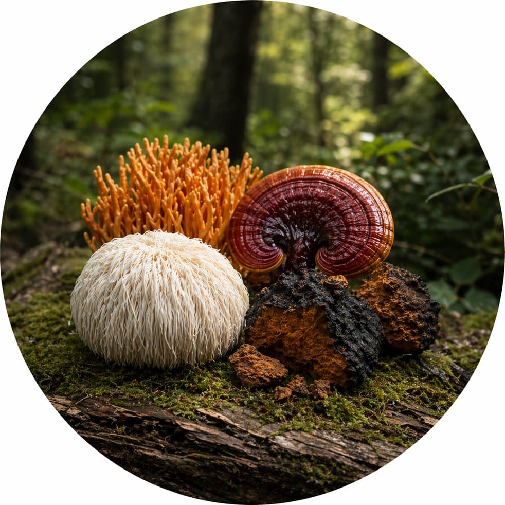 Lion's Mane, Reishi and Chaga mushrooms in a forest