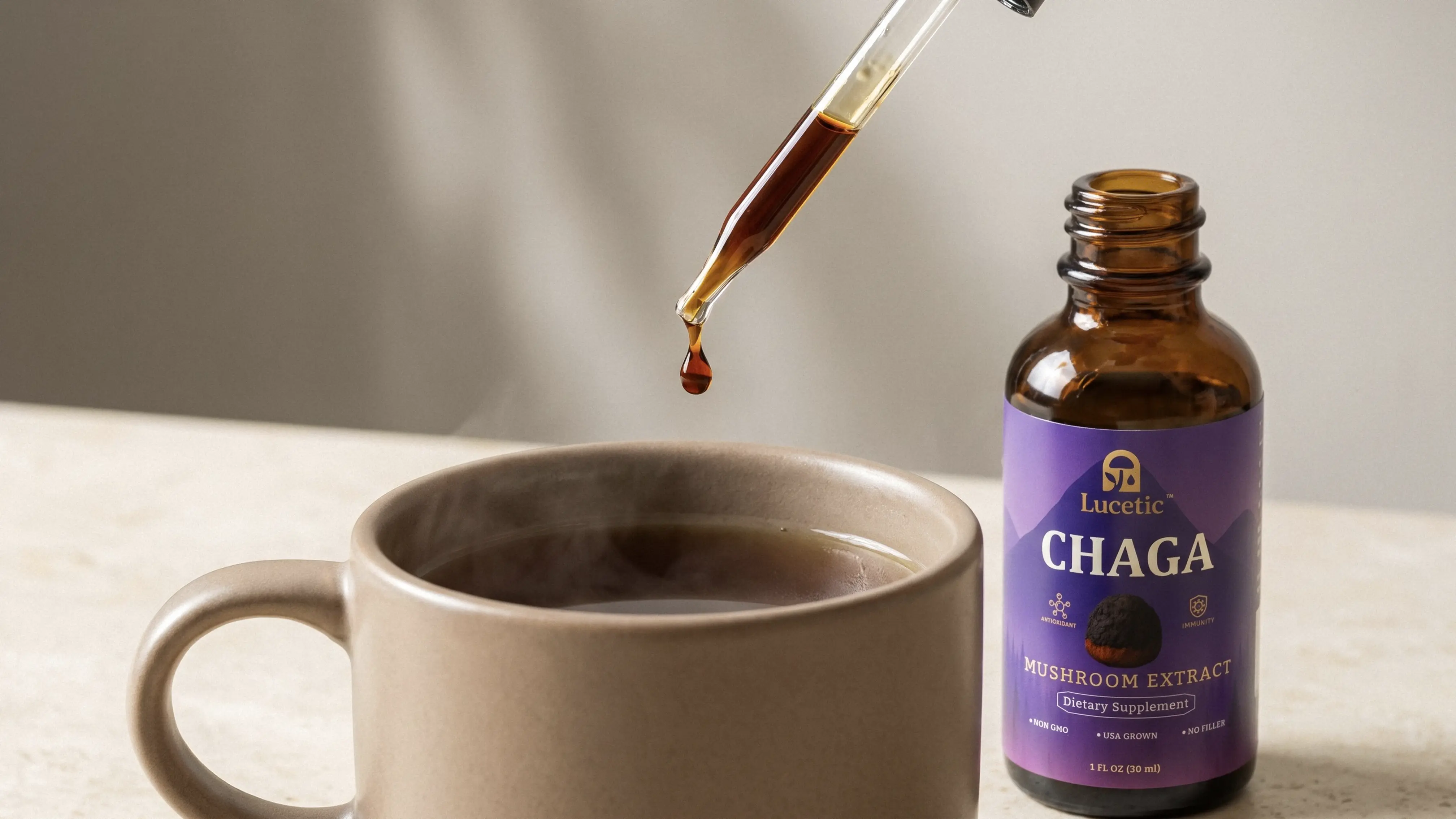 Dark Chaga beside the Lucetic Chaga extract