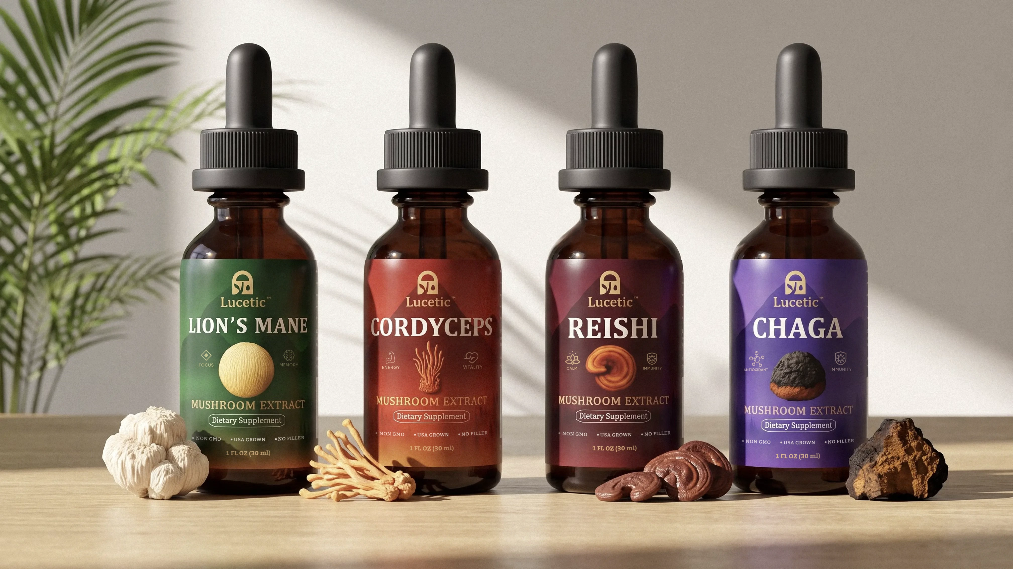 The four Lucetic mushroom extract tinctures — Lion’s Mane, Cordyceps, Reishi, and Chaga — beside the raw mushrooms