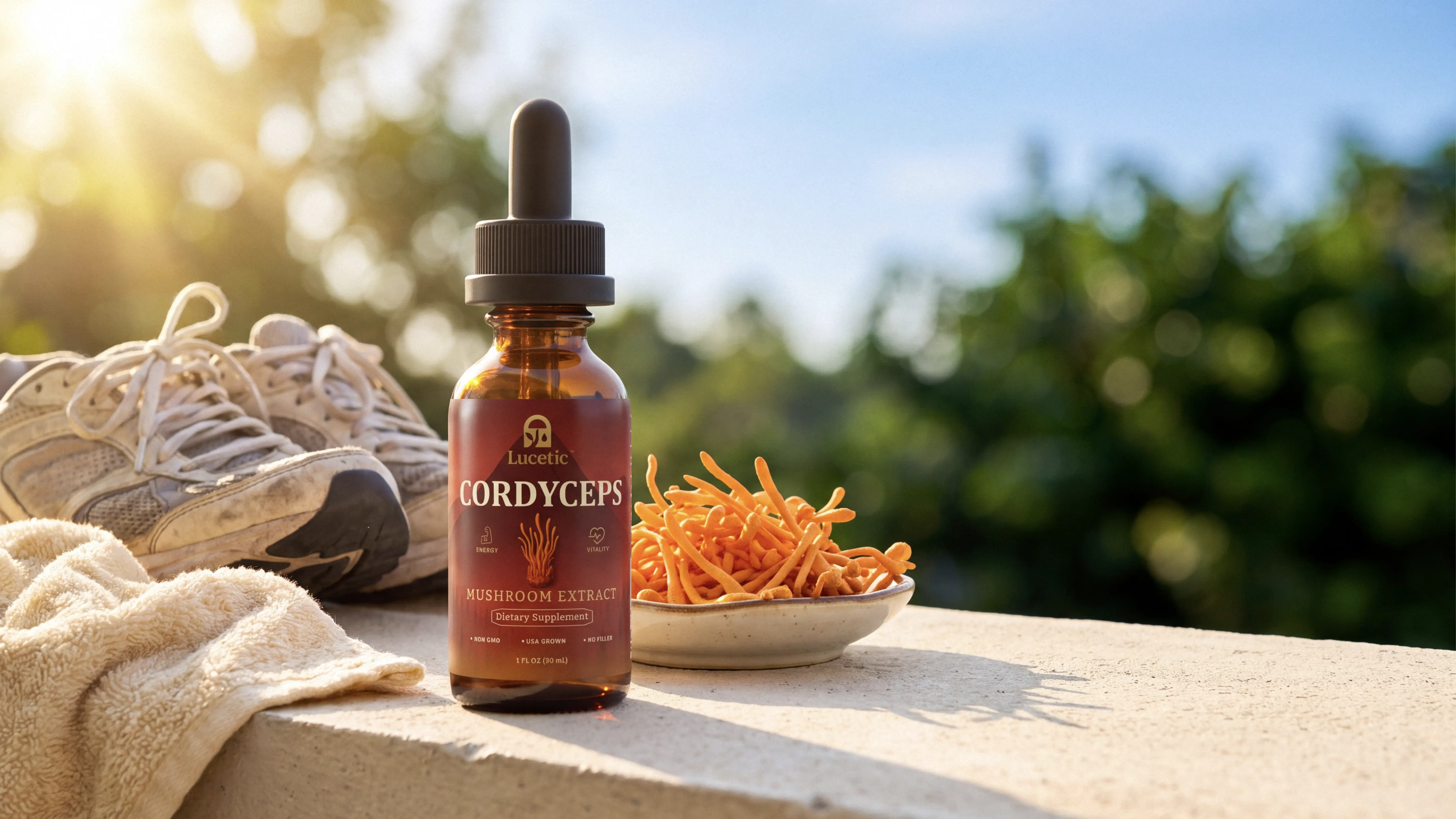 Bright orange Cordyceps militaris beside the Lucetic Cordyceps extract