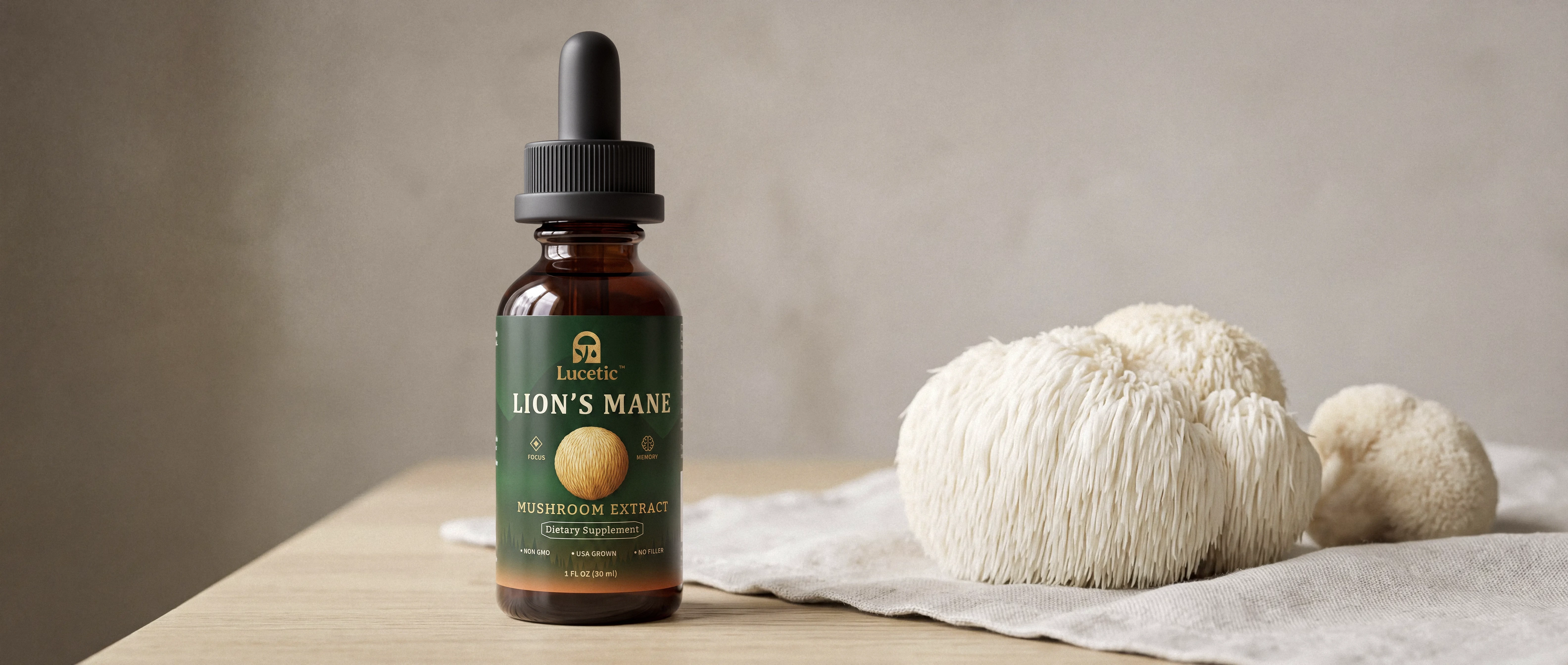 A white Lion’s Mane mushroom beside the Lucetic Lion’s Mane extract
