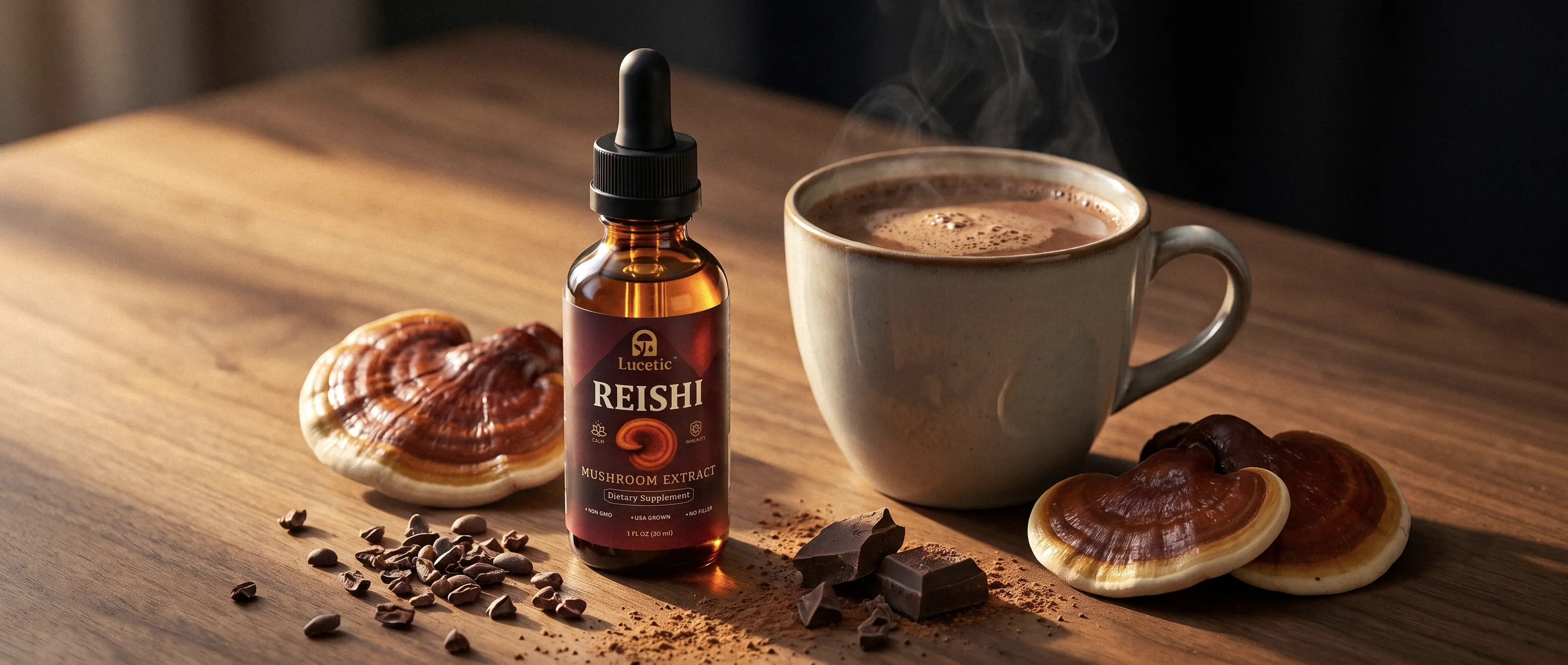 Glossy red Reishi mushrooms beside the Lucetic Reishi extract