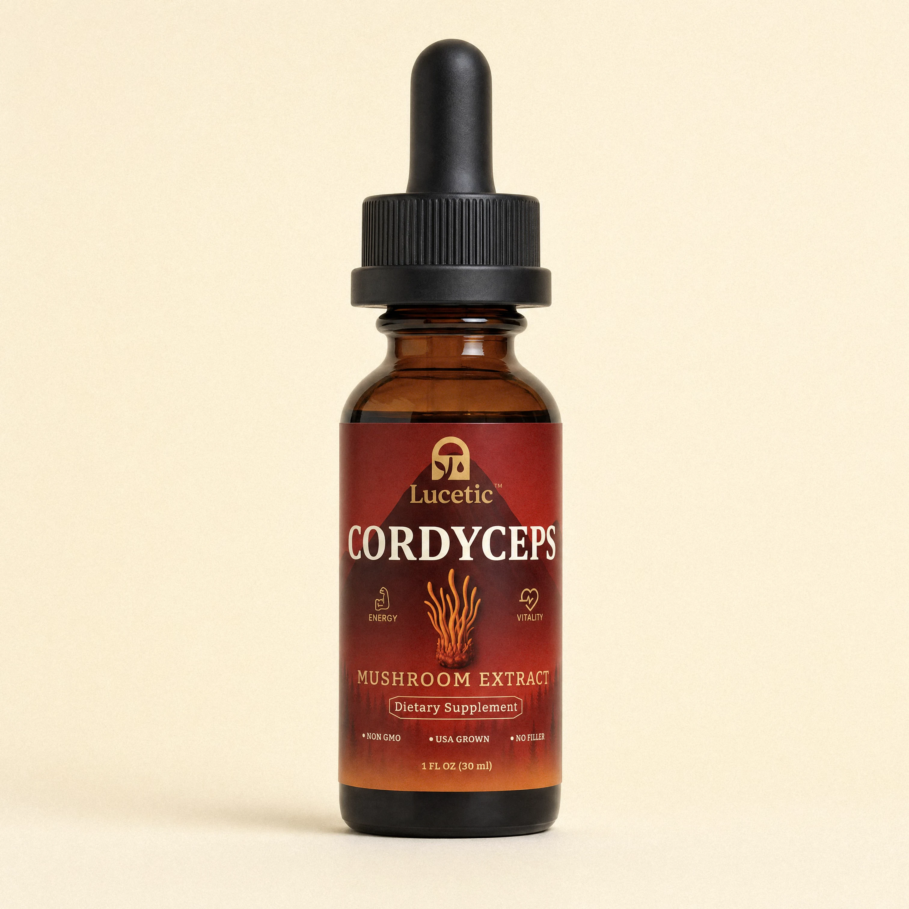 Lucetic Cordyceps mushroom extract bottle on a cream background