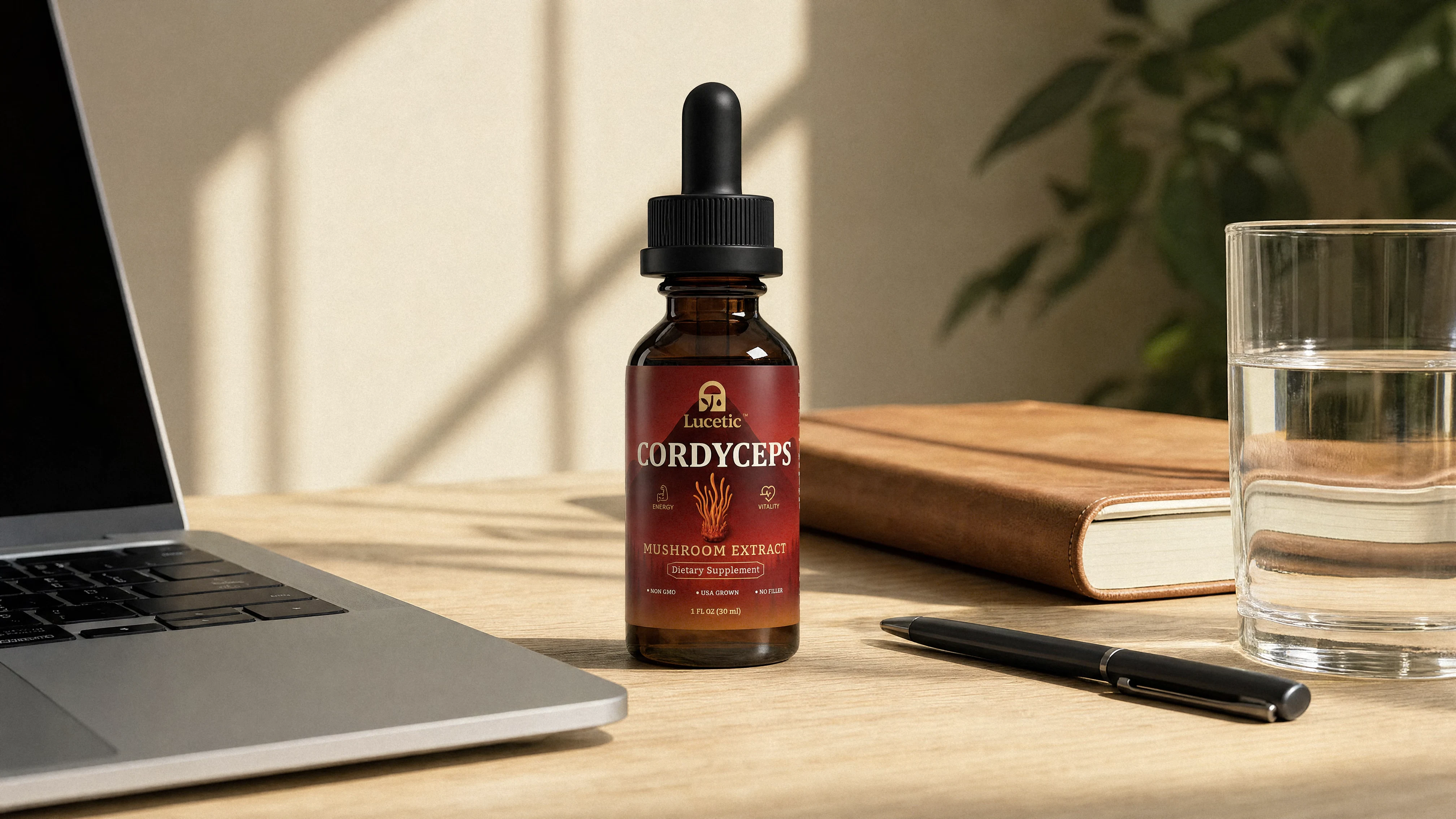 Lucetic Cordyceps mushroom tincture on a desk beside laptop and a glass of water