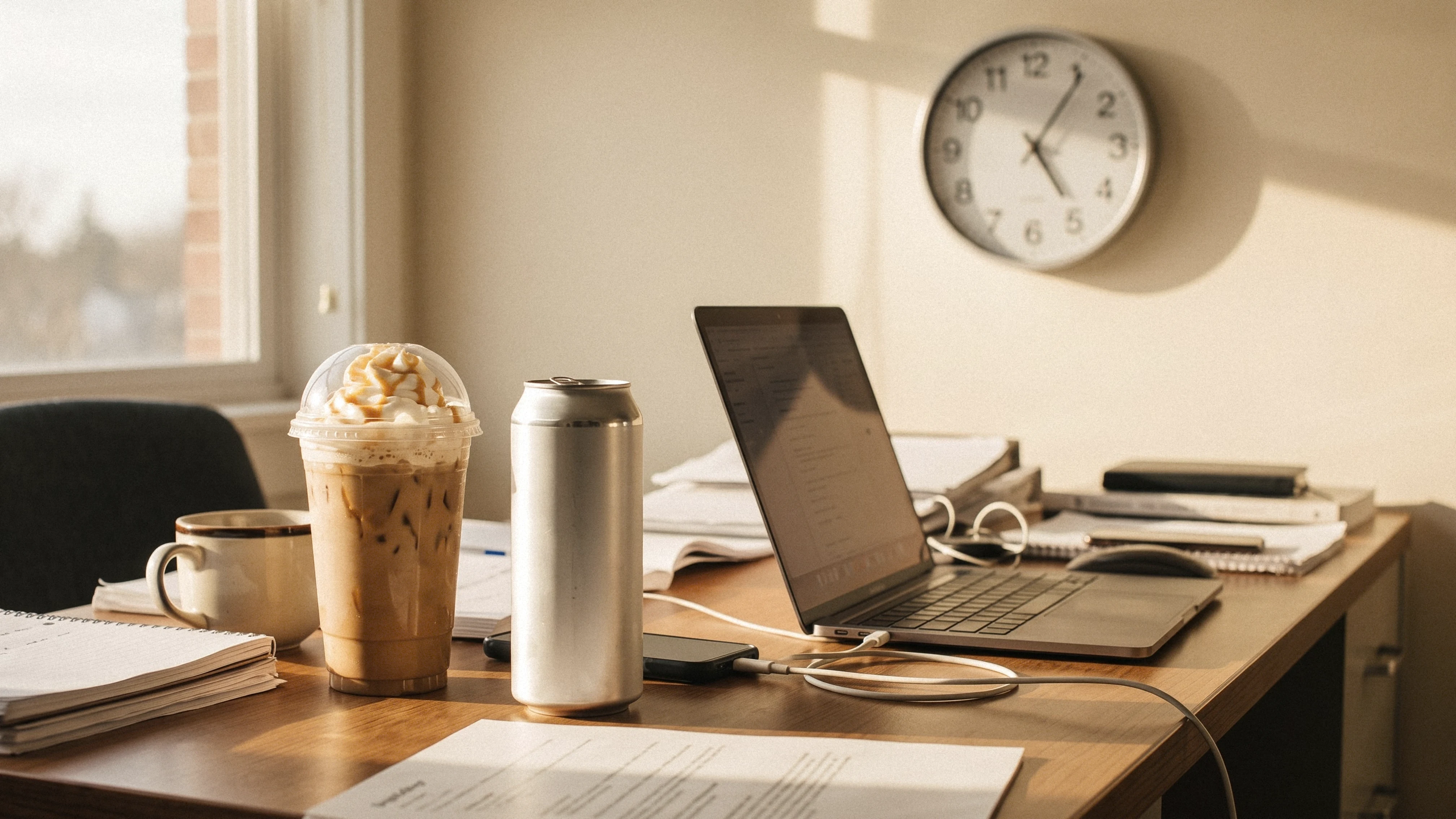 Oversized sweetened iced coffee and energy drink on a desk late in the afternoon
