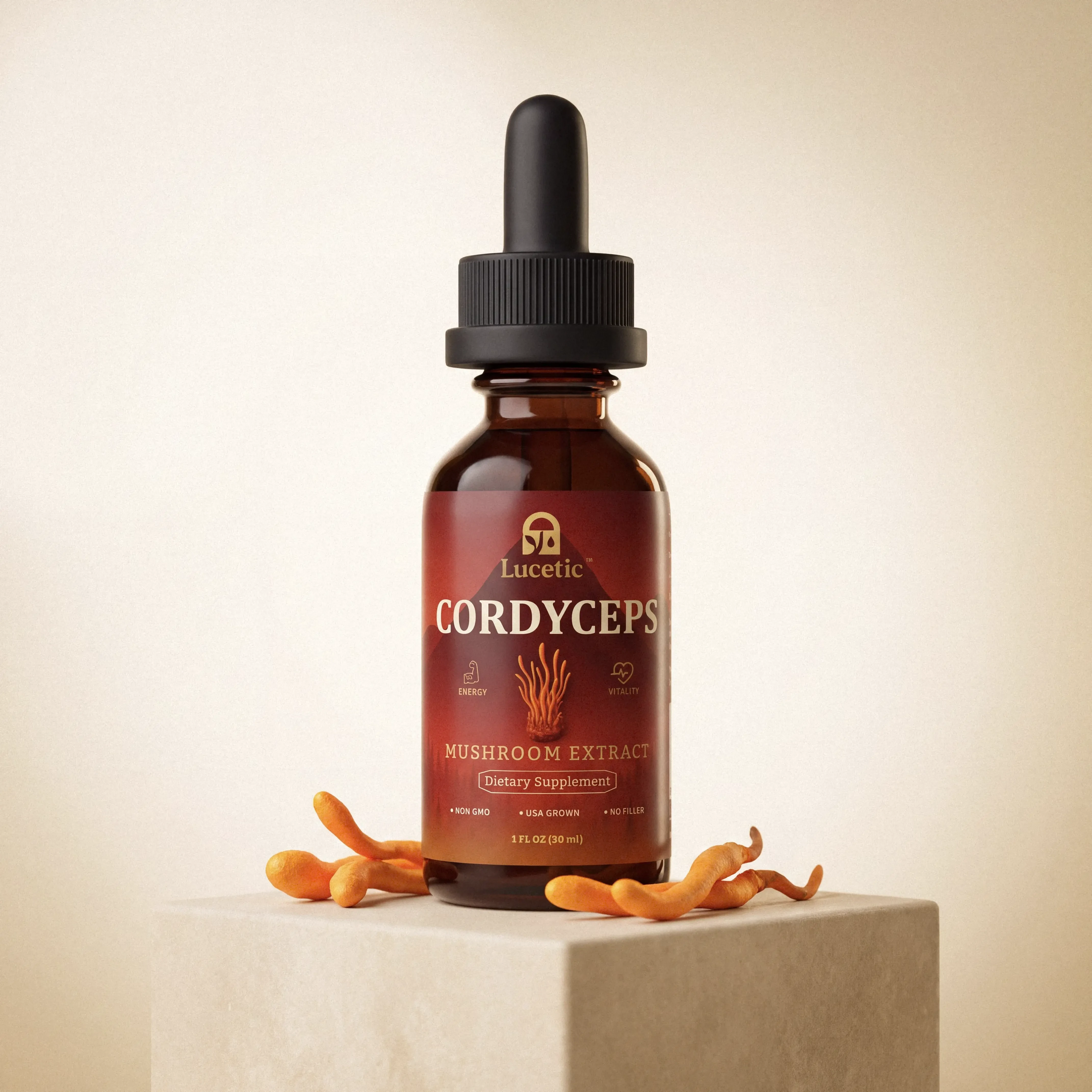 Lucetic Cordyceps Mushroom Extract Bottle Studio Photo