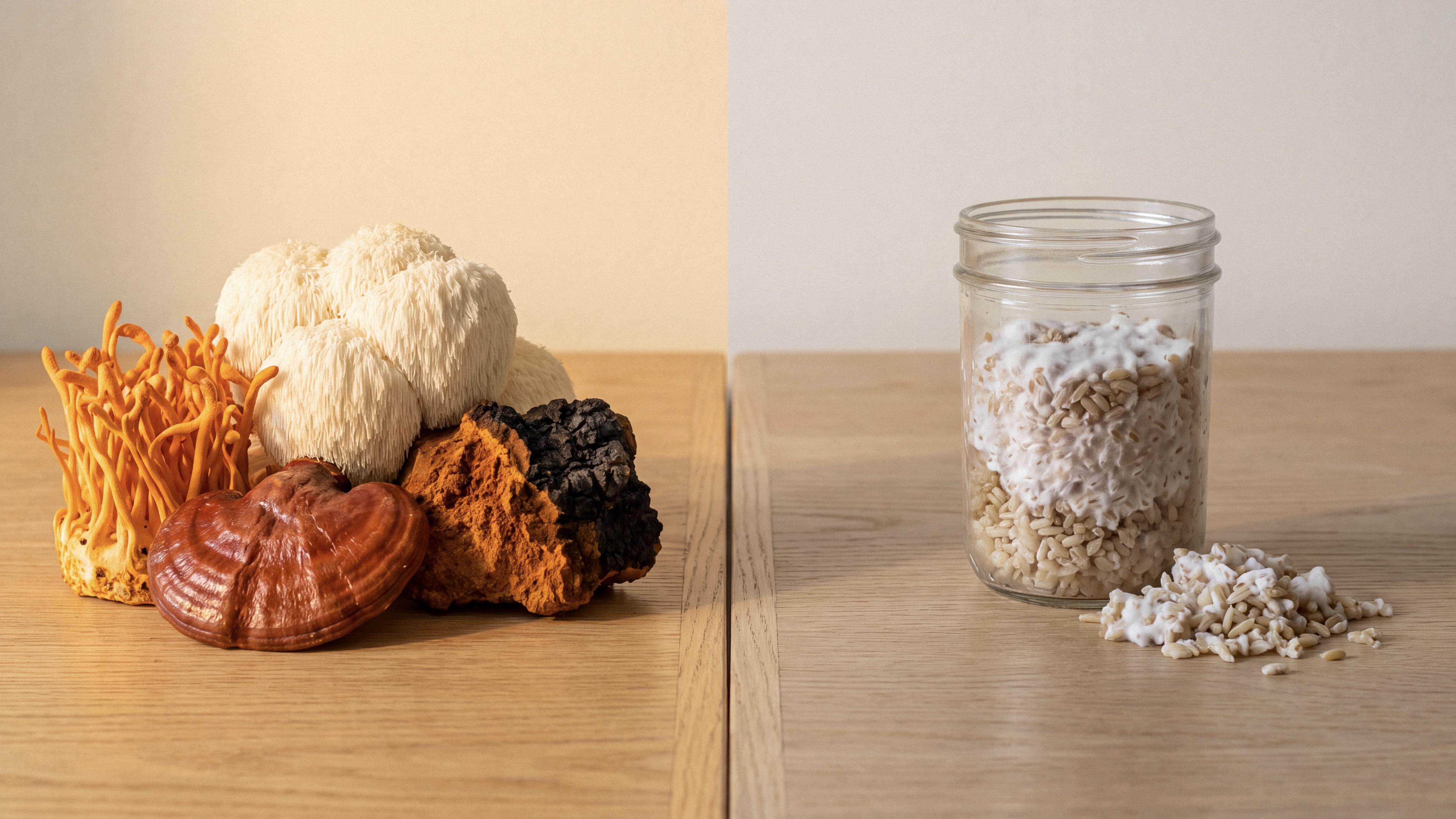 Side by side comparison of mushroom fruiting bodies vs mycelium