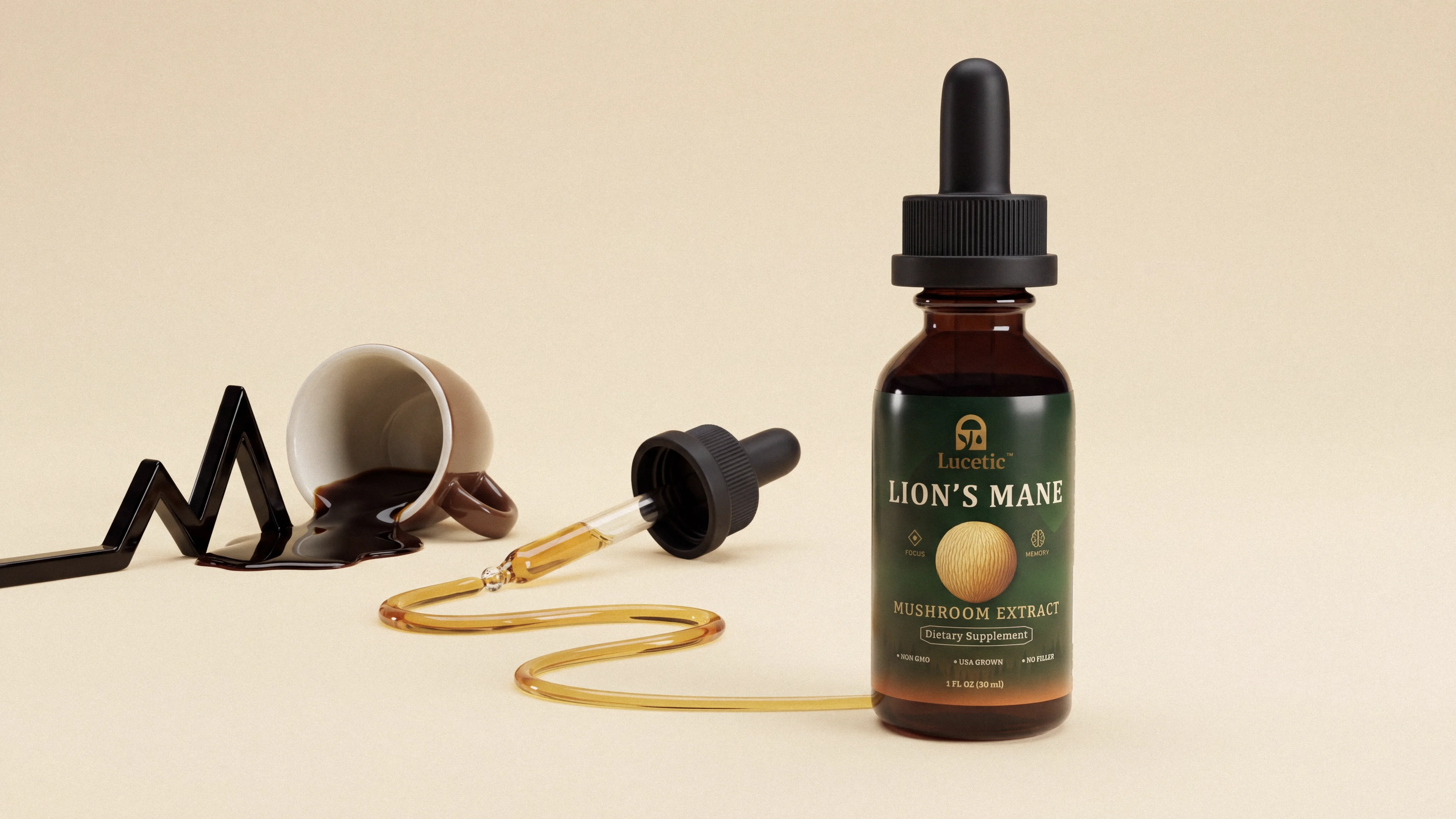 Spilled Coffee forming a spike-and-crash line besides a smooth golden wave of Lion's mane extract leading to a Lucetic bottle