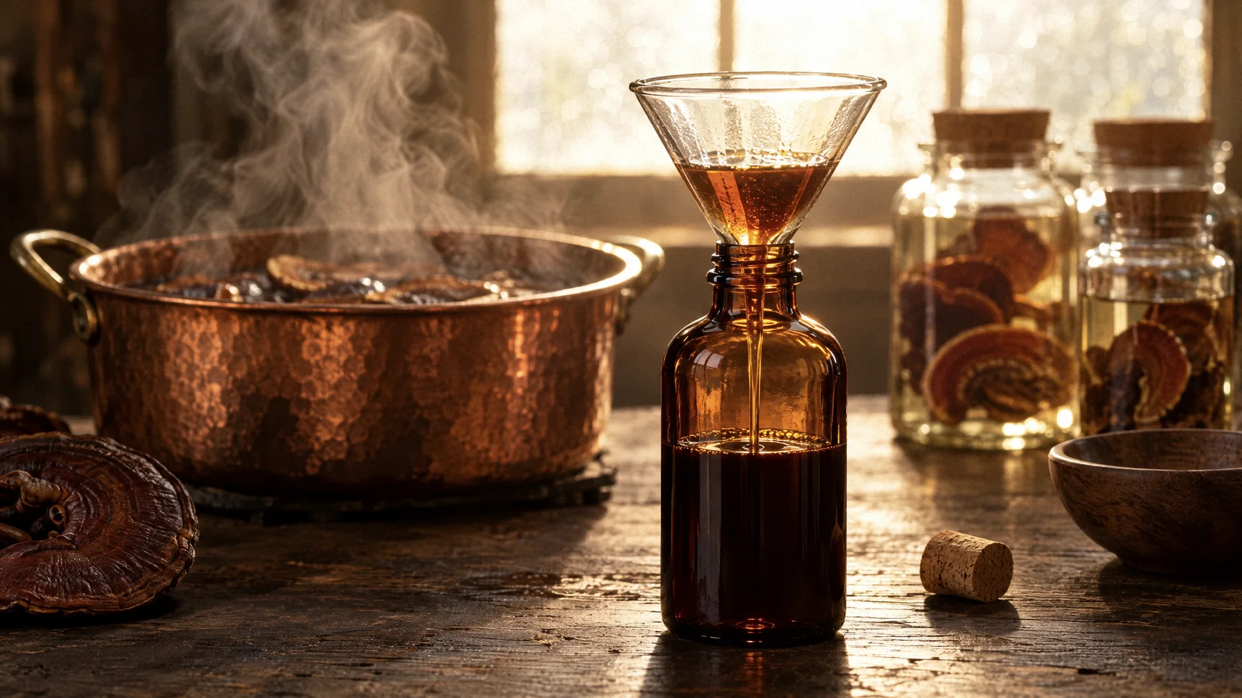 Amber glass bottle being filled through a funnel with mushroom extract, a steaming copper pot and jarred mushrooms in the background