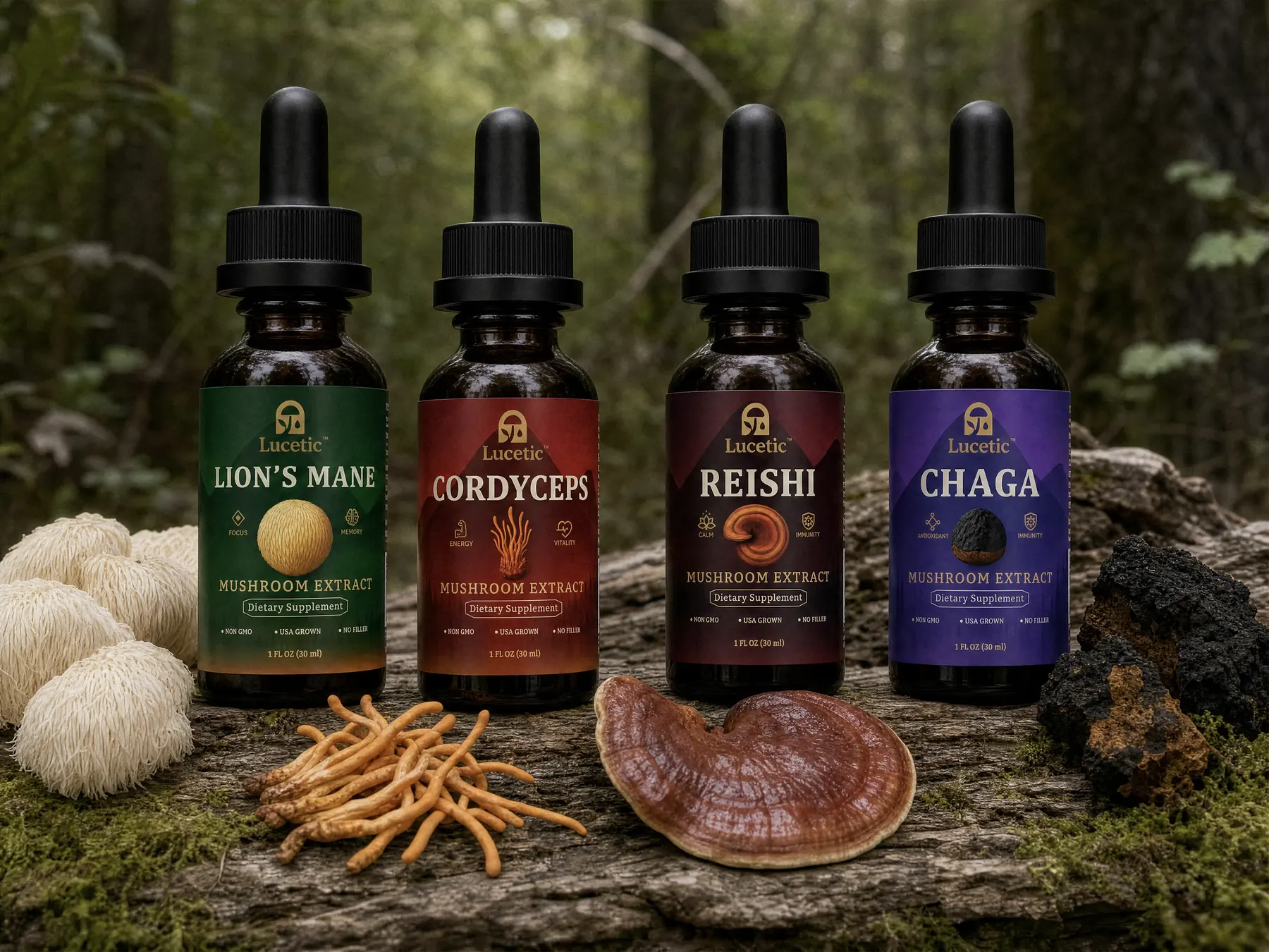 Four Lucetic mushroom extract bottles, Lion's Mane, Cordyceps, Reishi, and Chaga, lined up on a mossy log with their raw mushrooms in a forest