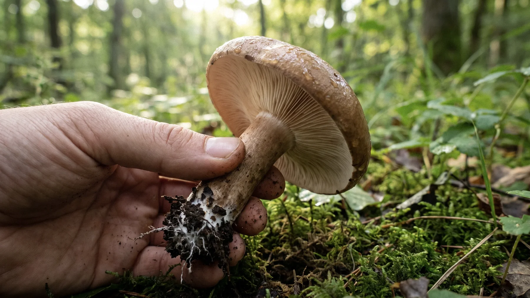 Hand holding a foraged brown mushroom to show its gills, in a green forest setting