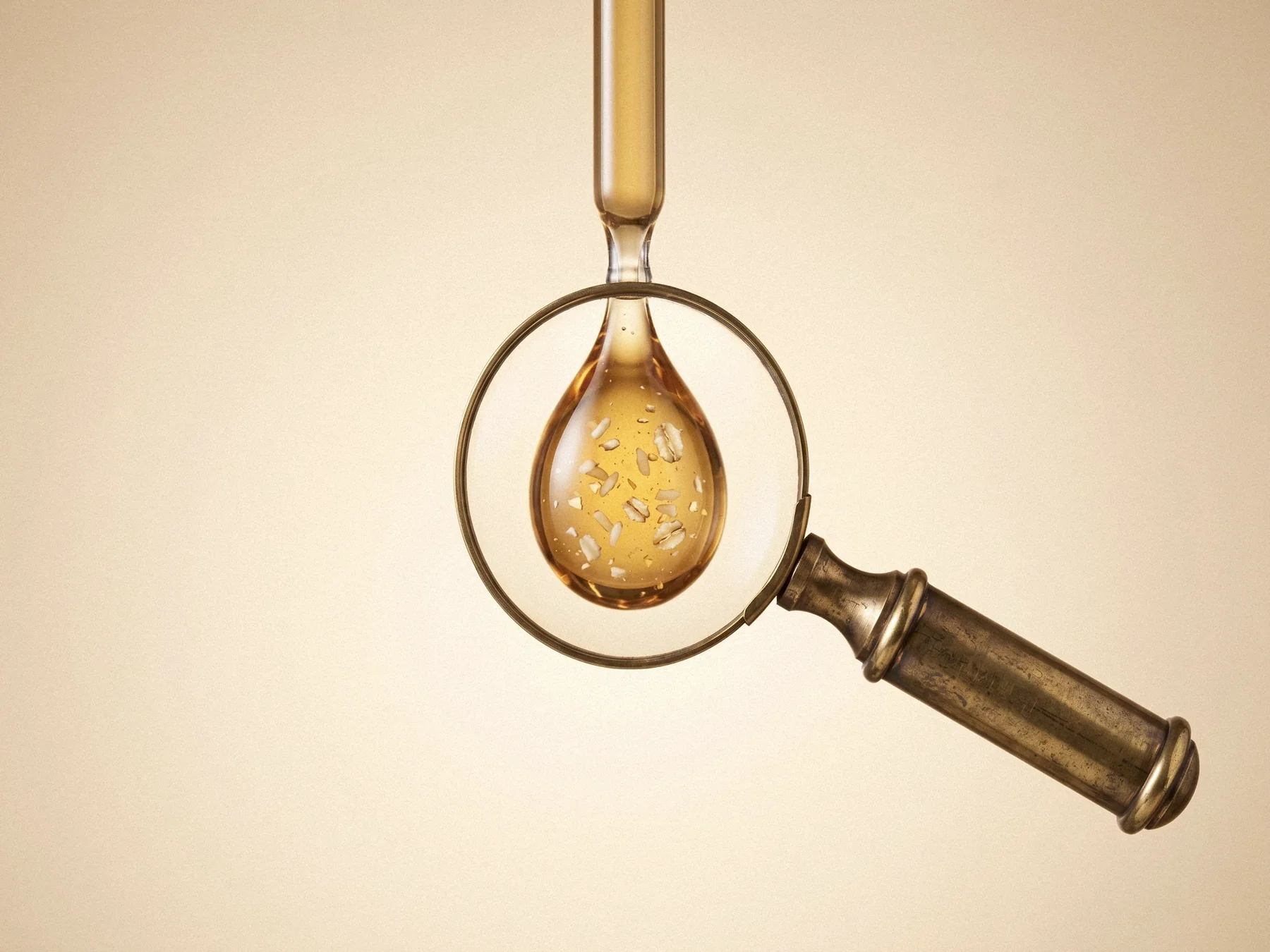 Magnifying glass focusing on a drop of mushroom extract flecked with oat pieces