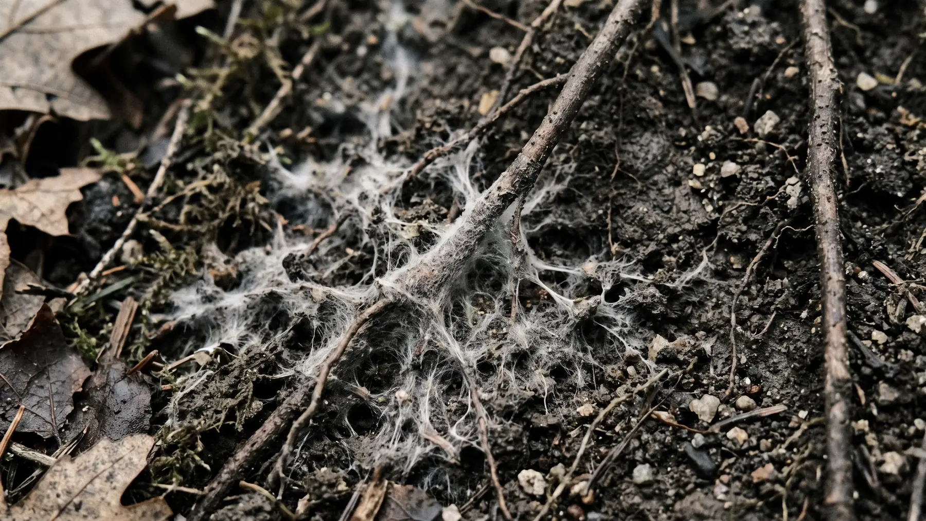 Close-up of white mycelium threads spreading through forest leaf litter and soil