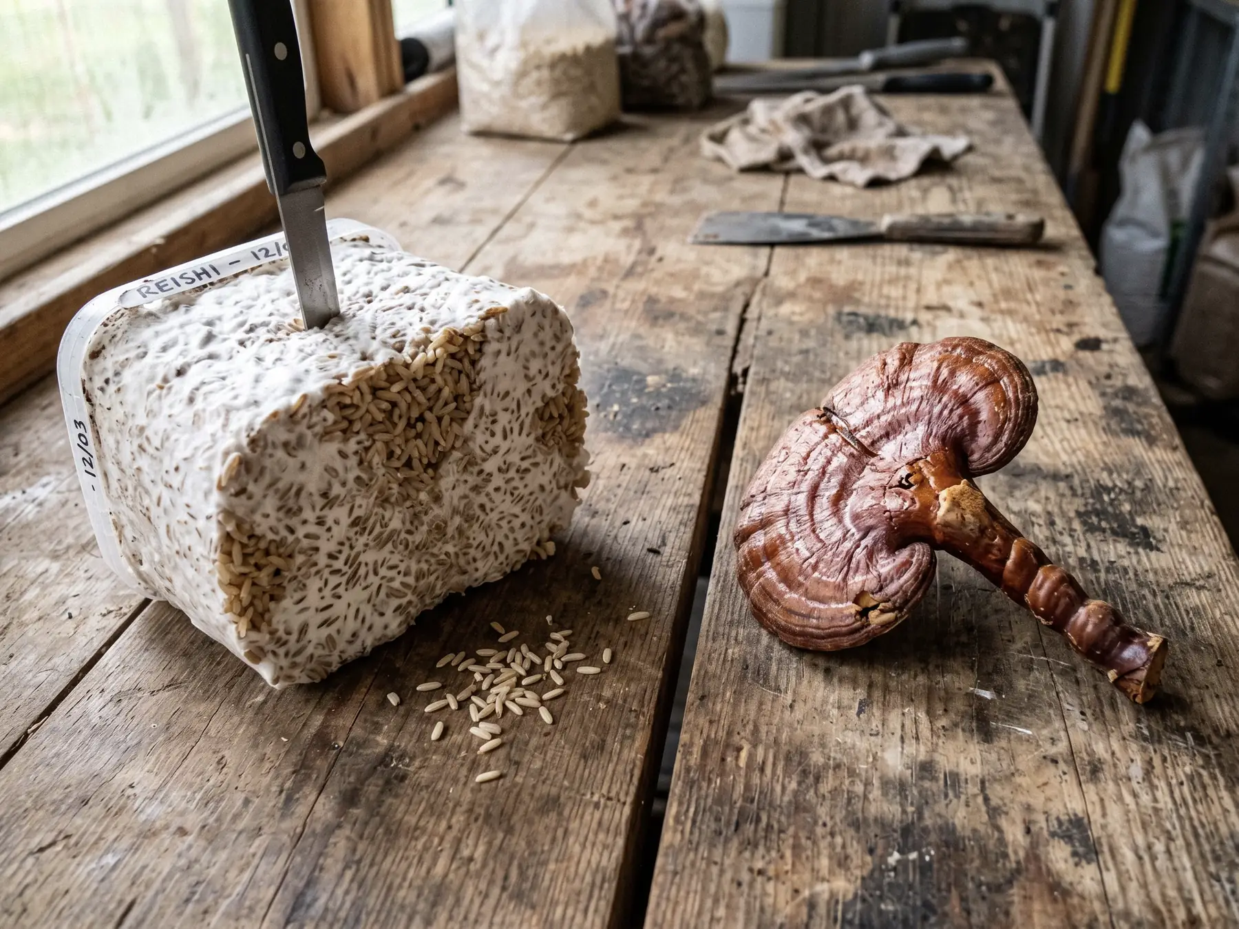 Knife inserted into a reishi mushroom grow block labeled "Reishi 12/03" beside a harvested reishi mushroom