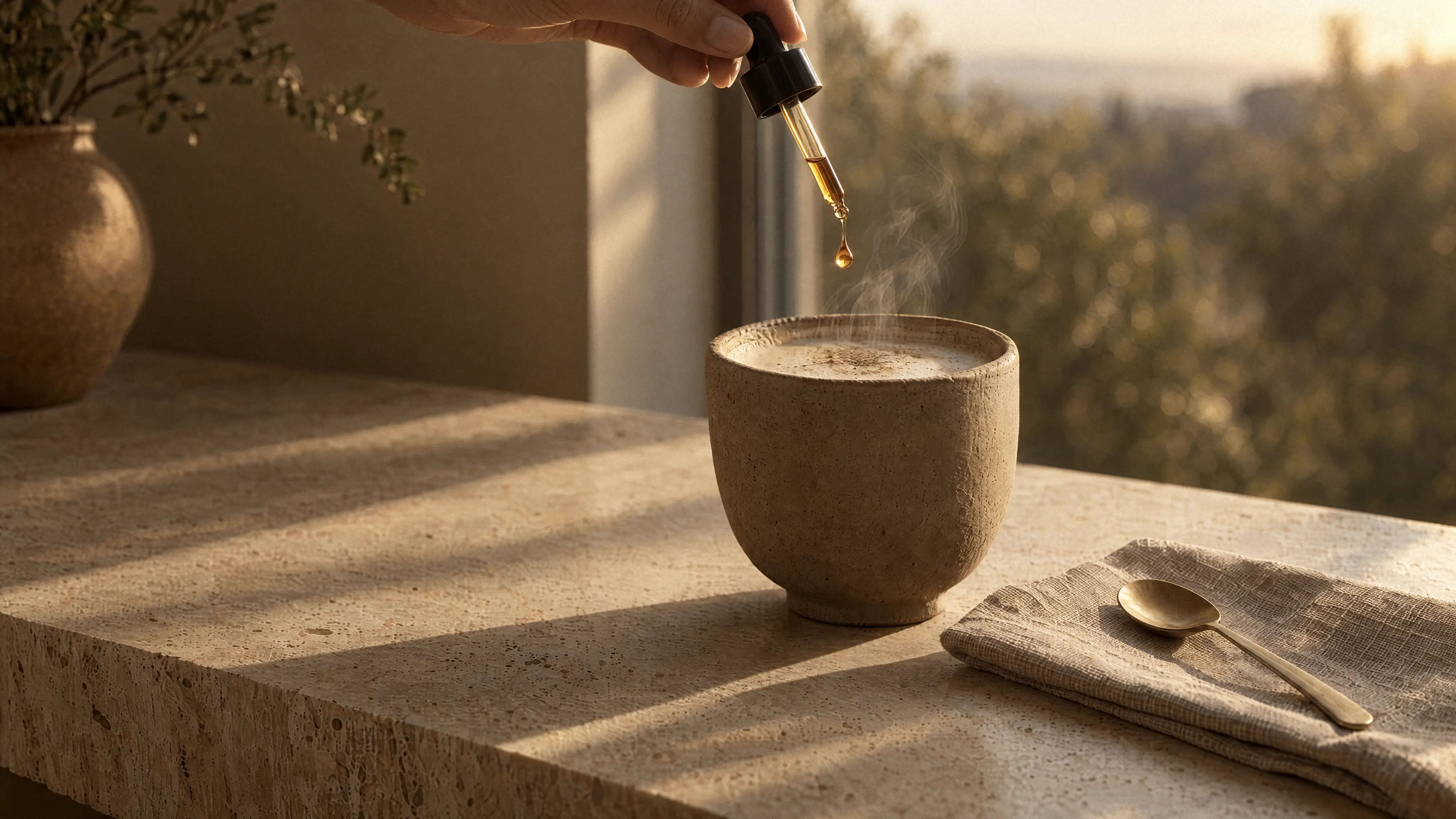 Hand adding a mushroom extract into a cup of coffee in a morning sunlight