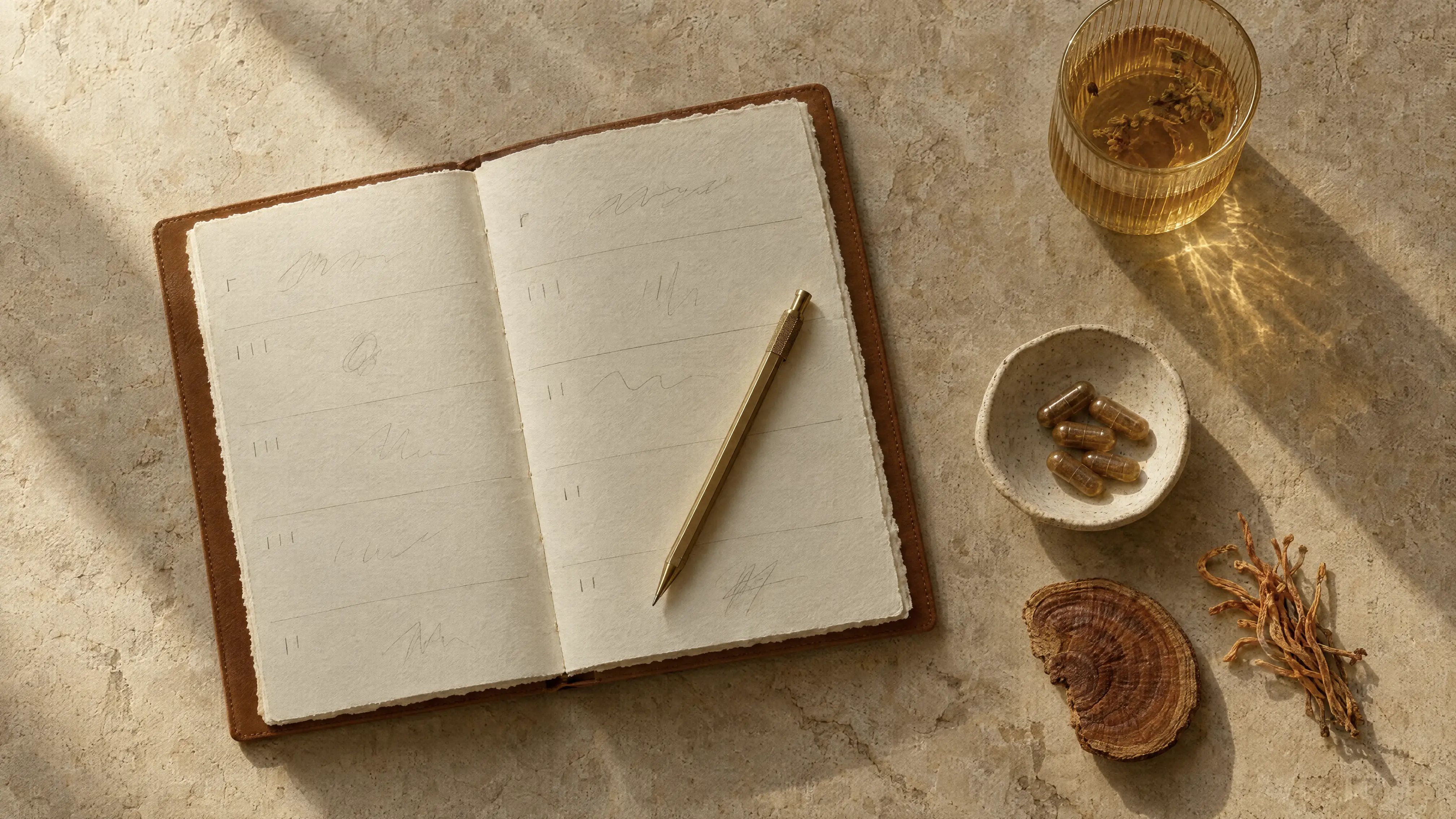 Leather-bound journal with weekly check marks beside mushroom extract capsules, dried reishi and herbal tea