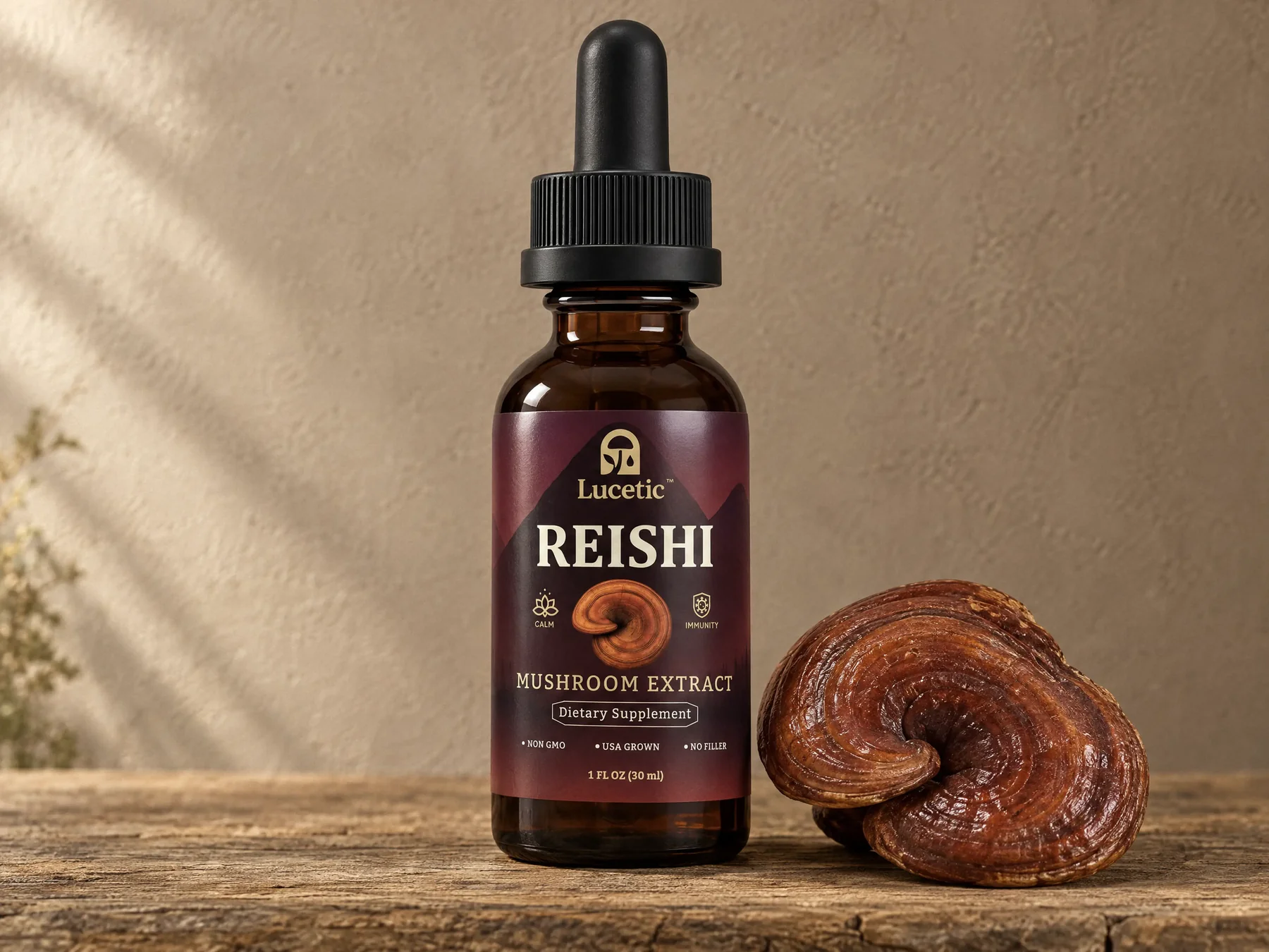 Bottle of Lucetic Reishi mushroom extract with dropper cap standing next to a whole reishi mushroom