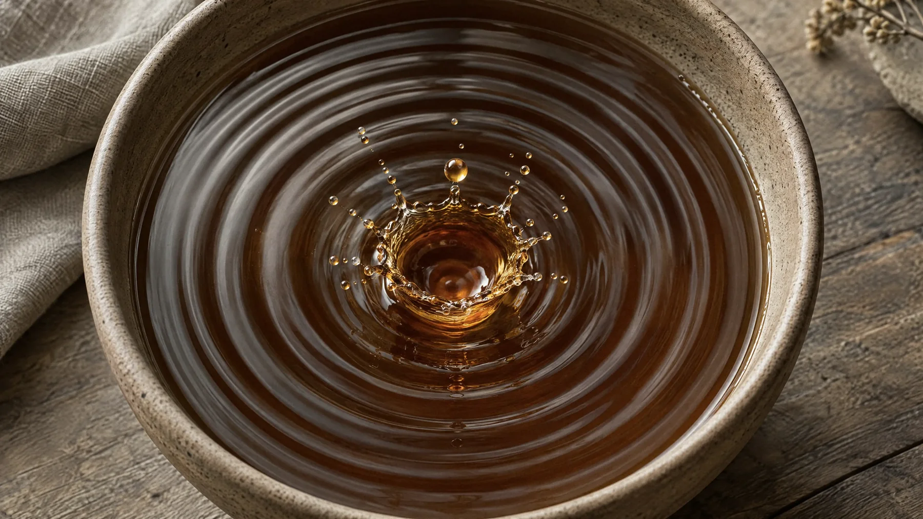 Droplet of Reishi extract dripping into a tea with ripples spreading outward