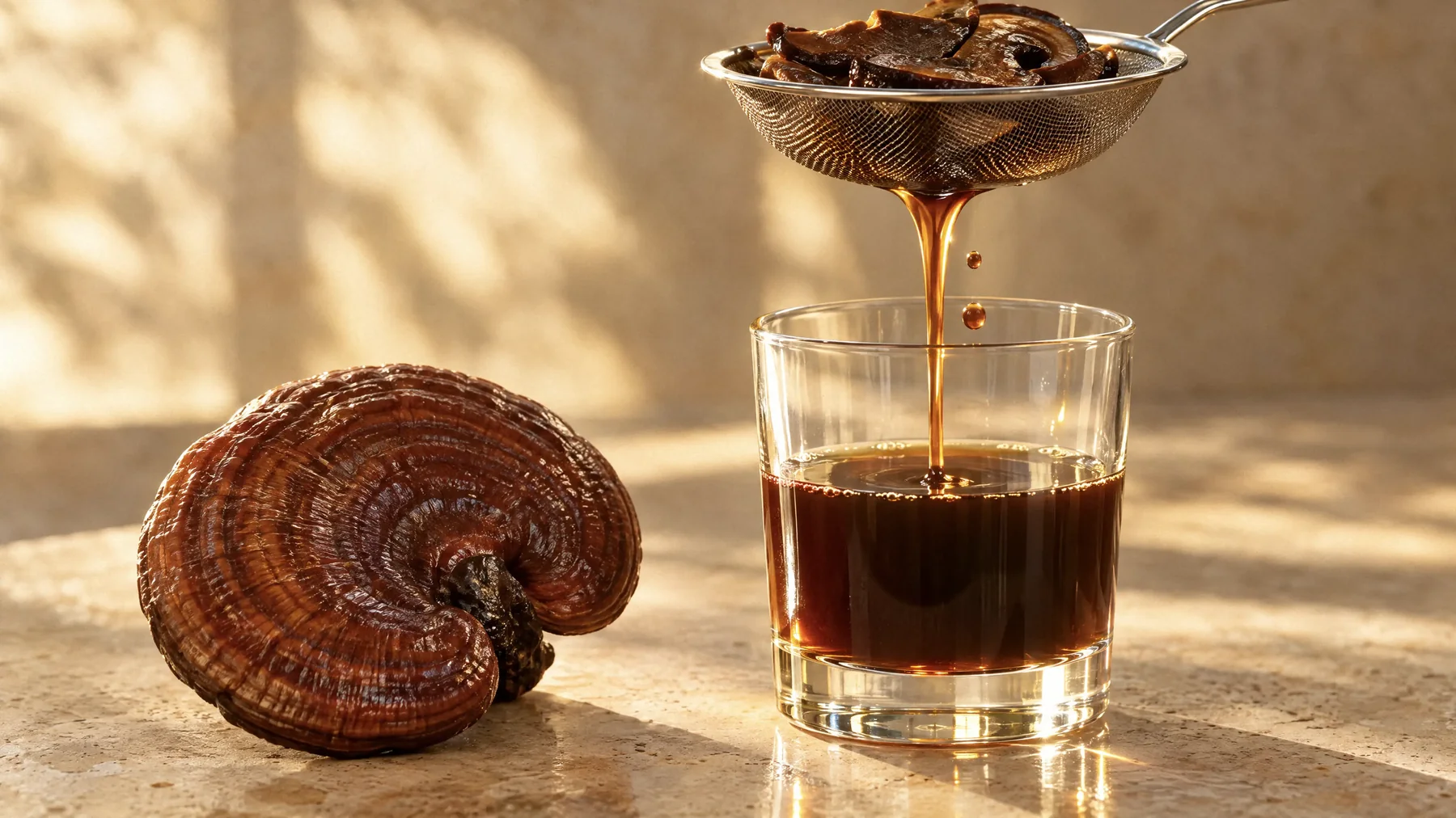 Reishi mushroom slices straining through a metal sieve into a glass as extract drips down