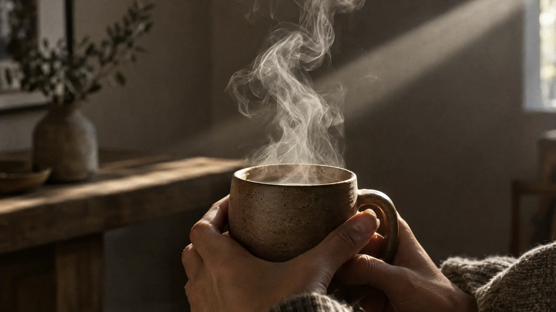 Steam rising from a ceramic mug of brewed reishi mushroom tea cradled in two hands by a sunlit window